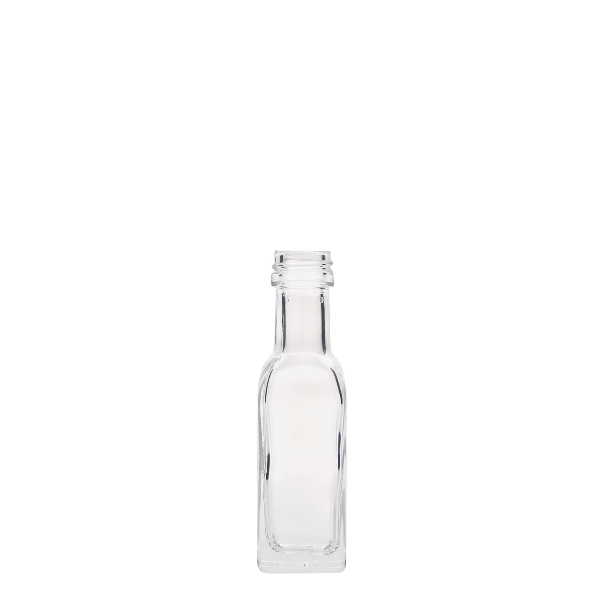 20 ml lasipullo ”Marasca”, neliömäinen, suuaukko: PP 18