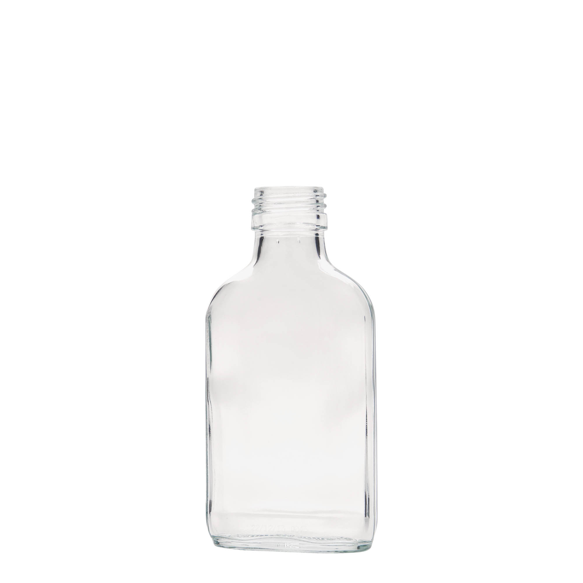 100 ml taskupullo, suorakulmainen, lasia, suuaukko: PP 28 100 ml taskupullo, suorakulmainen, lasia, suuaukko: PP 28