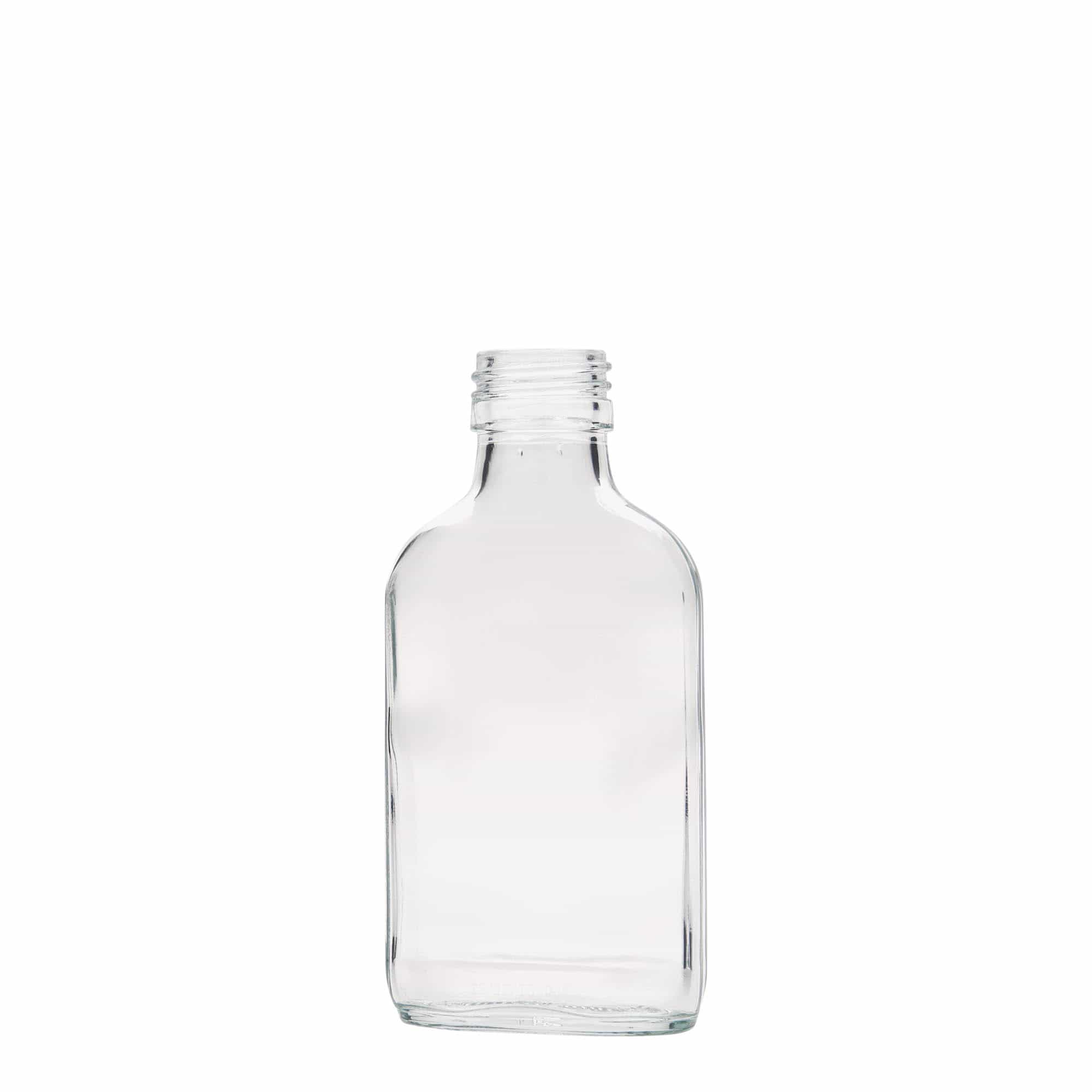 100 ml taskupullo, suorakulmainen, lasia, suuaukko: PP 28