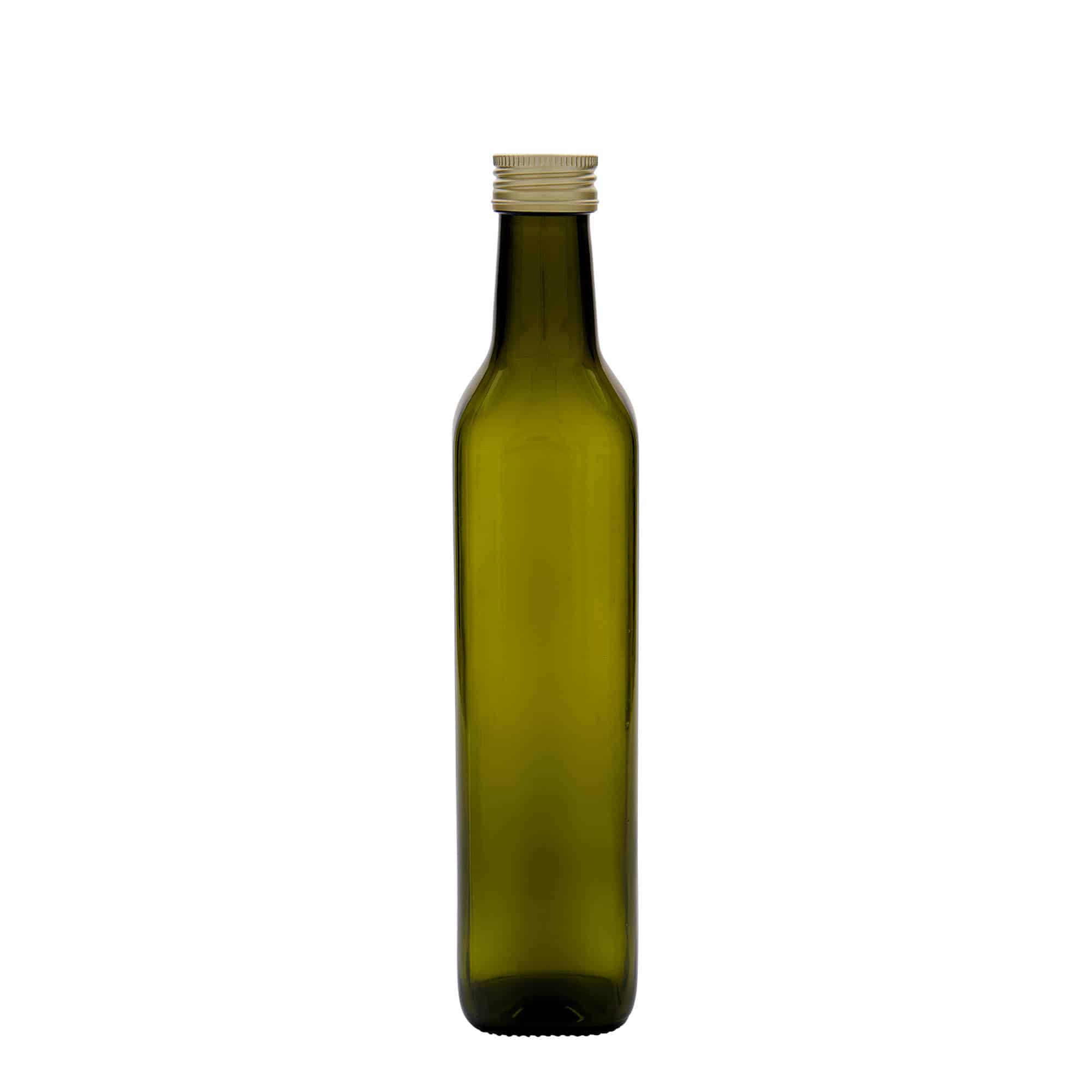 500 ml lasipullo 'Marasca', neliö, antiikkivihreä, suuaukko: PP 31,5