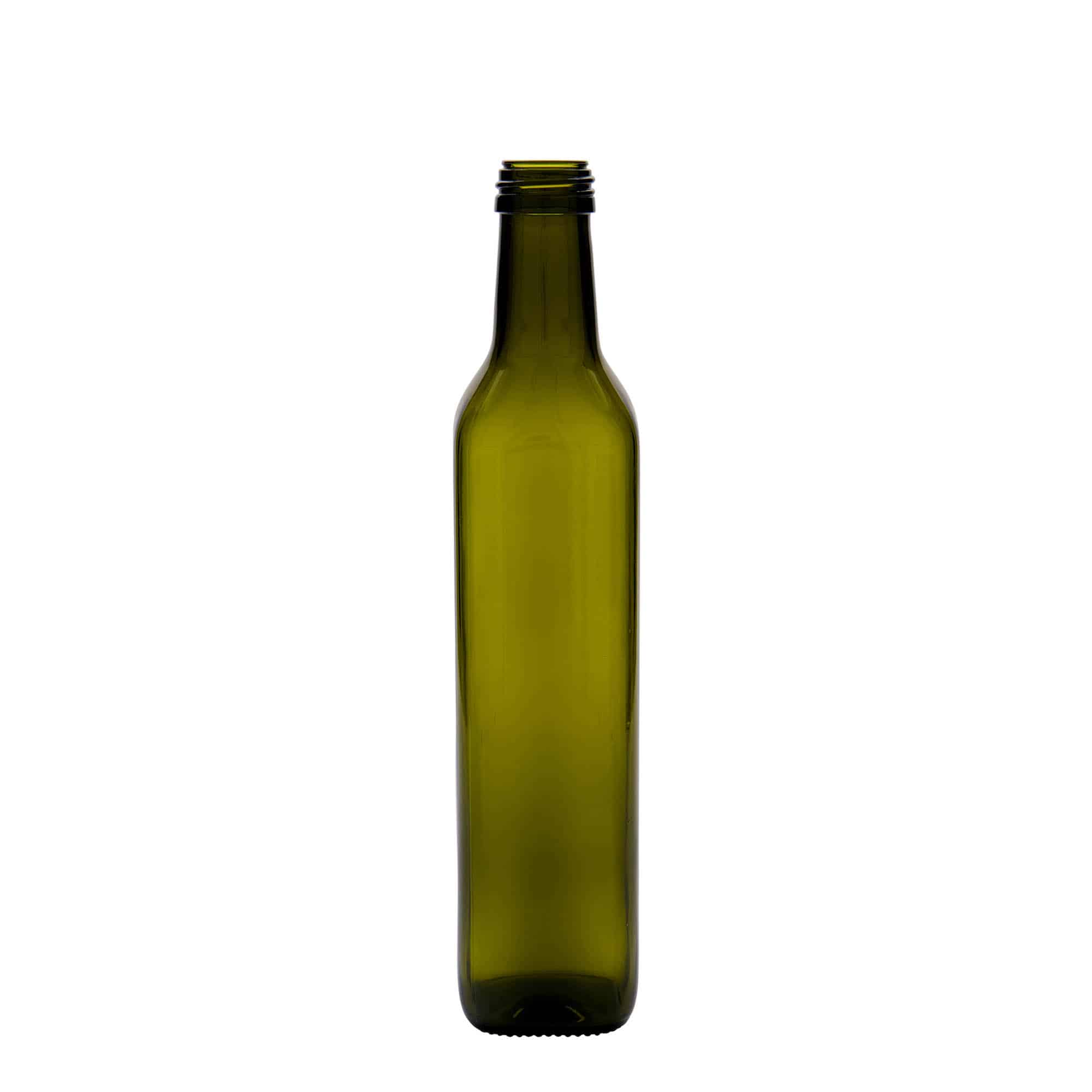 500 ml lasipullo 'Marasca', neliö, antiikinvihreä, suu: PP 31,5