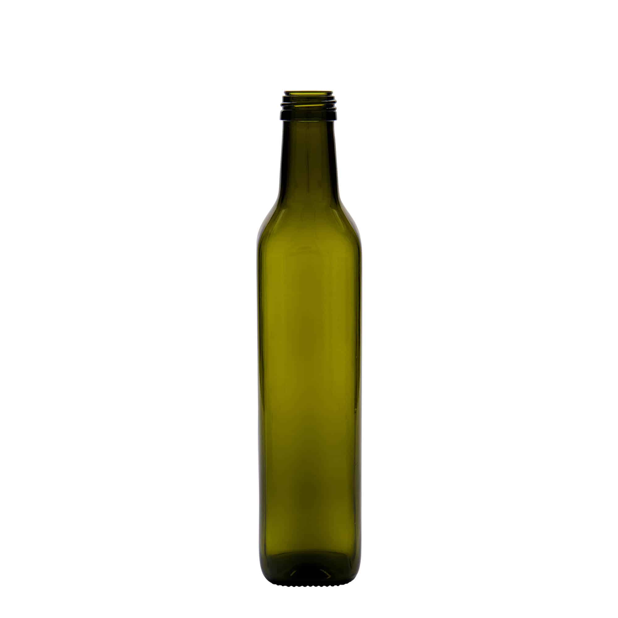 500 ml lasipullo 'Marasca', neliö, antiikkivihreä, suuaukko: PP 31,5