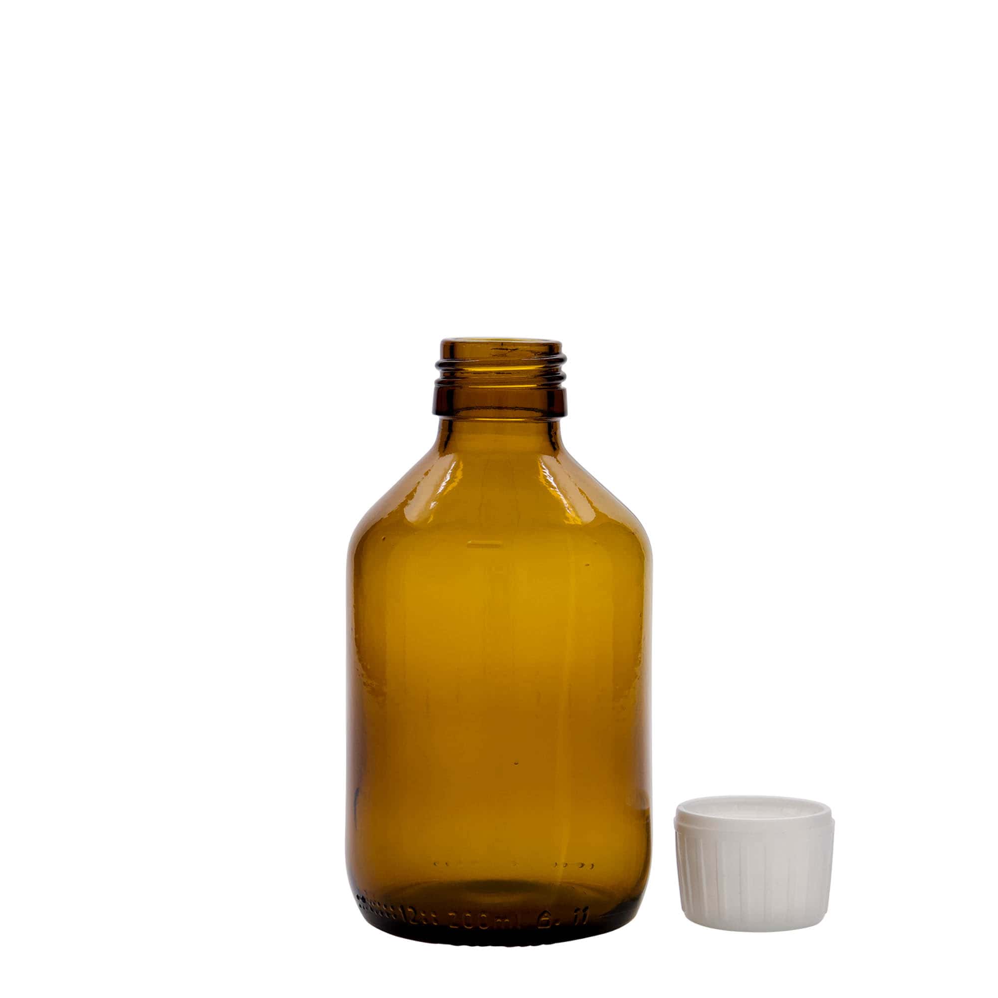 200 ml lääke pullo, ruskea, lasi, suuaukko: PP 28