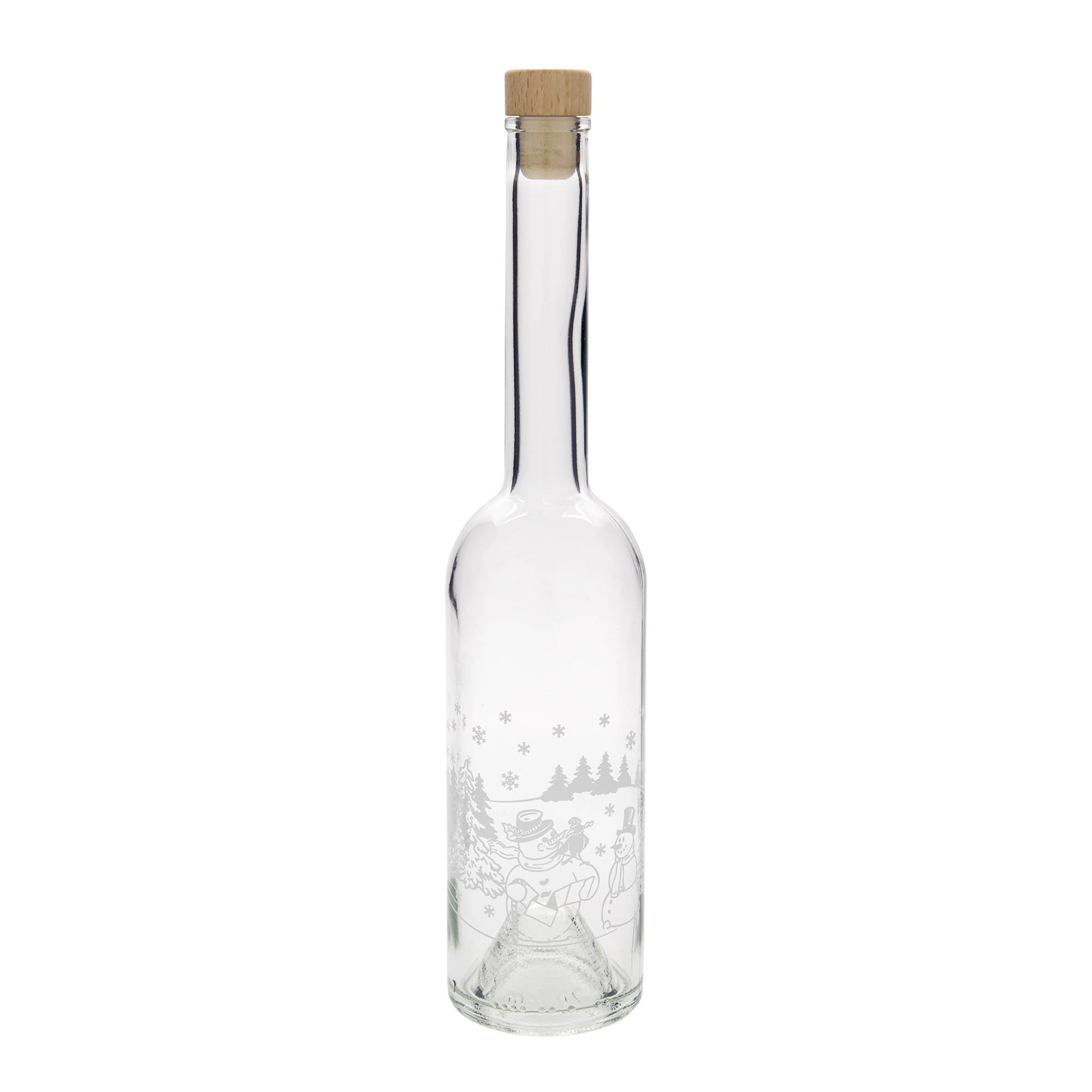 500 ml lasipullo 'Opera', kuvio: lumiukko-pullo, suuaukko: korkki