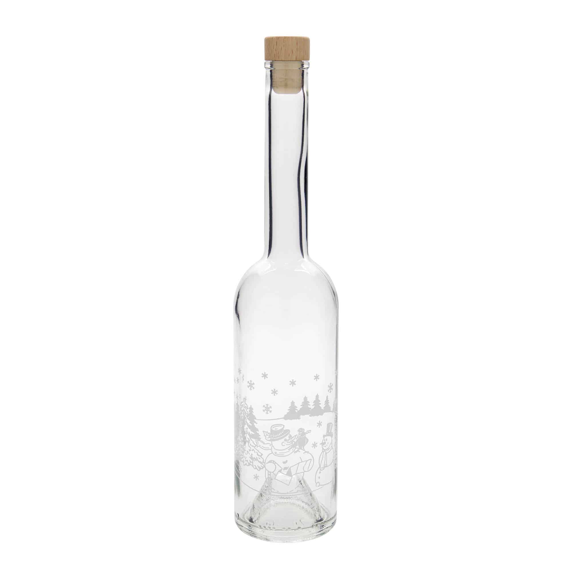 500 ml lasipullo 'Opera', kuvio: lumiukko-pullo, suuaukko: korkki