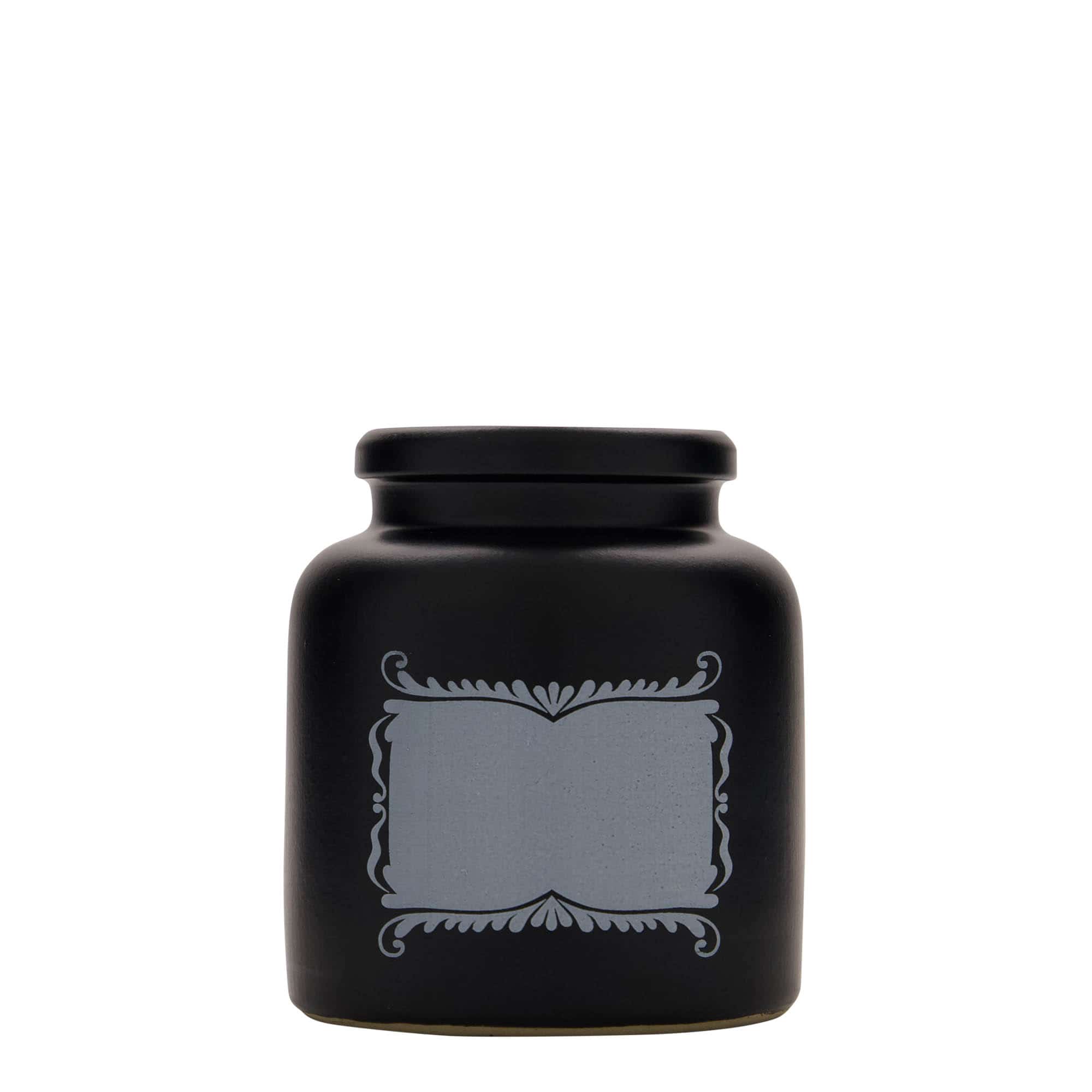 270 ml keraaminen ruukku, kuvio: Etikettialue, keramiikka, musta, suu: Irtokansi 270 ml keraaminen ruukku, kuvio: Etikettialue, keramiikka, musta, suu: Irtokansi