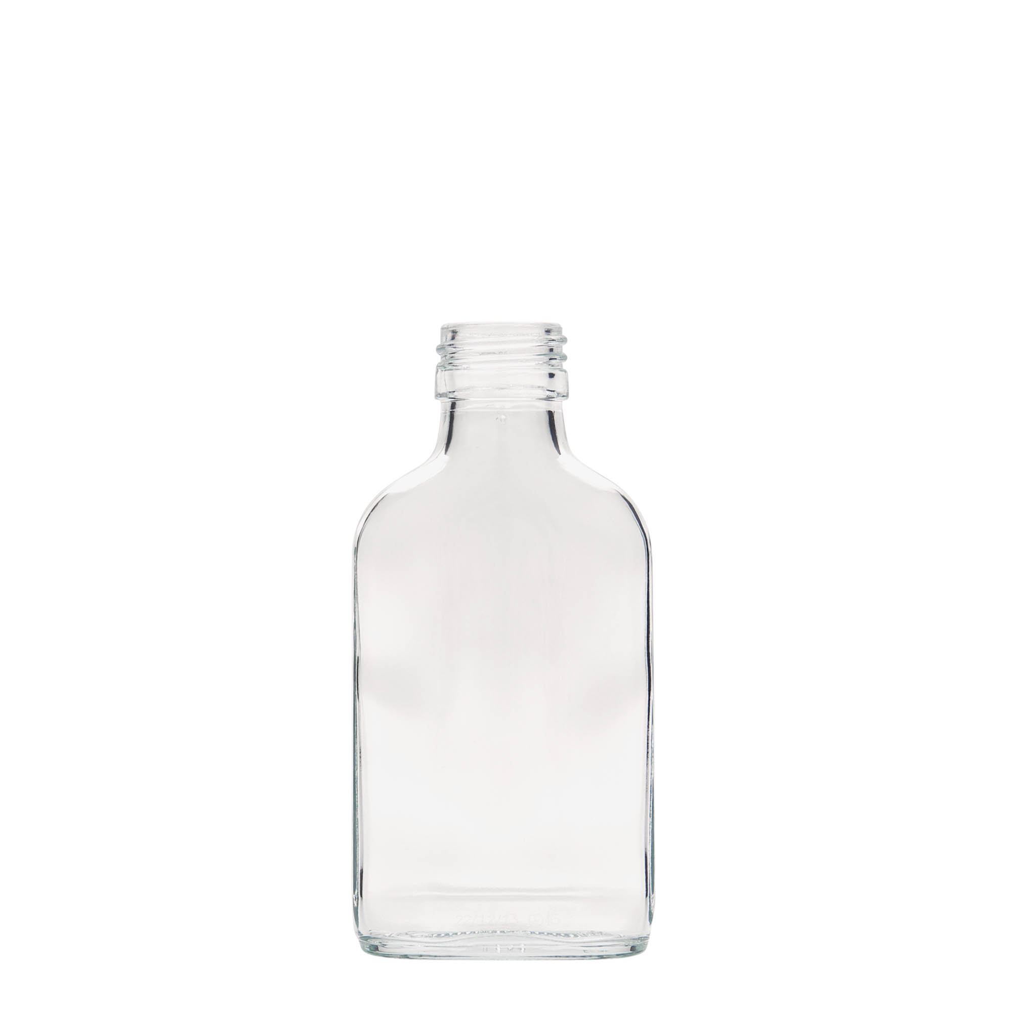 100 ml taskupullo, suorakulmainen, lasia, suuaukko: PP 28 100 ml taskupullo, suorakulmainen, lasia, suuaukko: PP 28