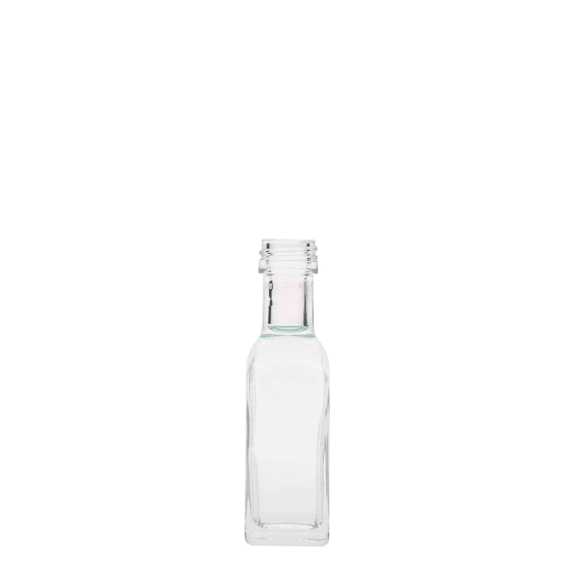20 ml lasipullo ”Marasca”, neliömäinen, suuaukko: PP 18