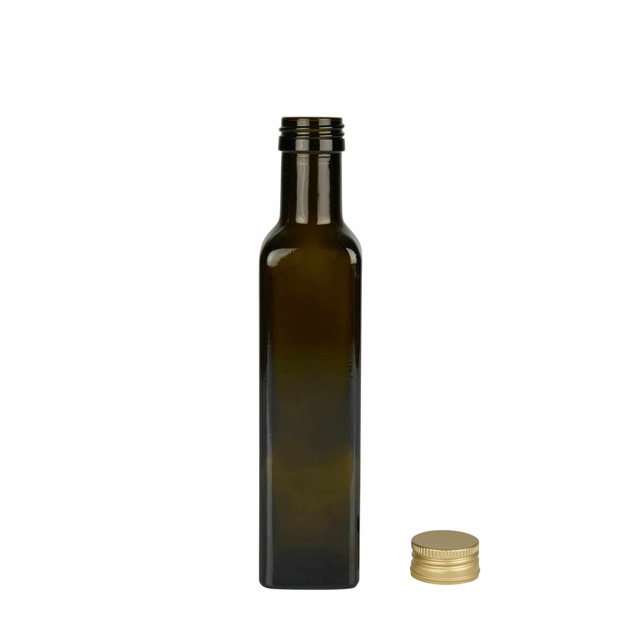 250 ml lasipullo 'Marasca', neliö, antiikinvihreä, suu: PP 31,5