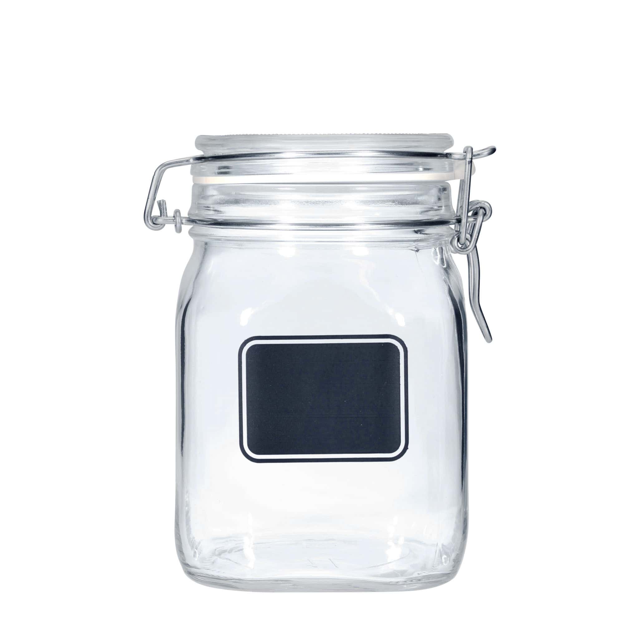 1000 ml patenttikorkkilasipurkki 'Fido', kuvio: etikettialue, neliö, suu: patenttikorkki