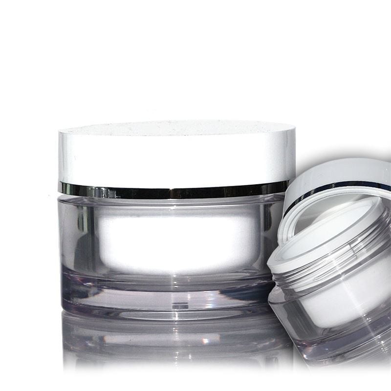 30 ml purkki, SAN-muovi, valkoinen, suu: ruuvikorkki