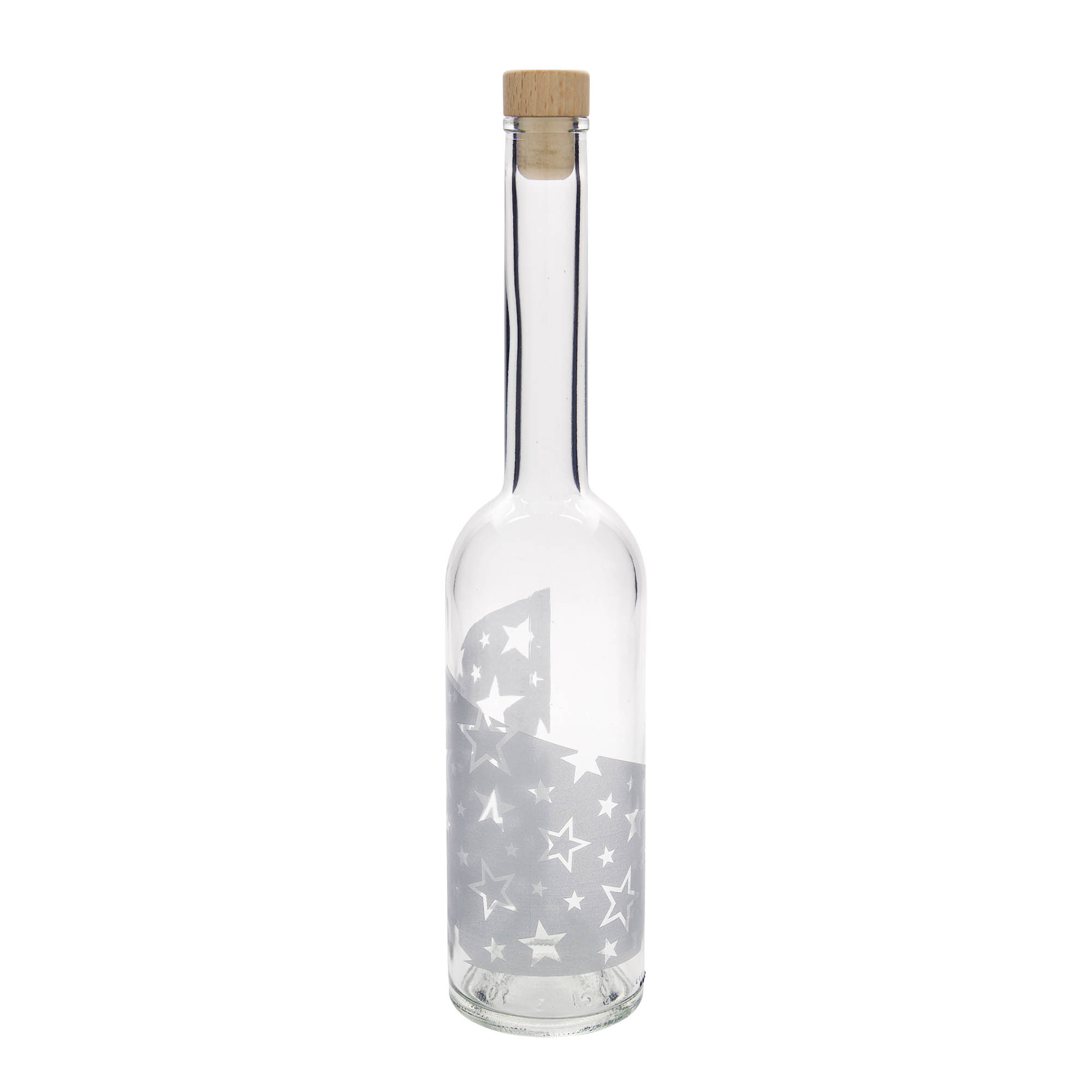 500 ml lasipullo 'Ooppera', kuvio: hopeatähdet, suu: korkki