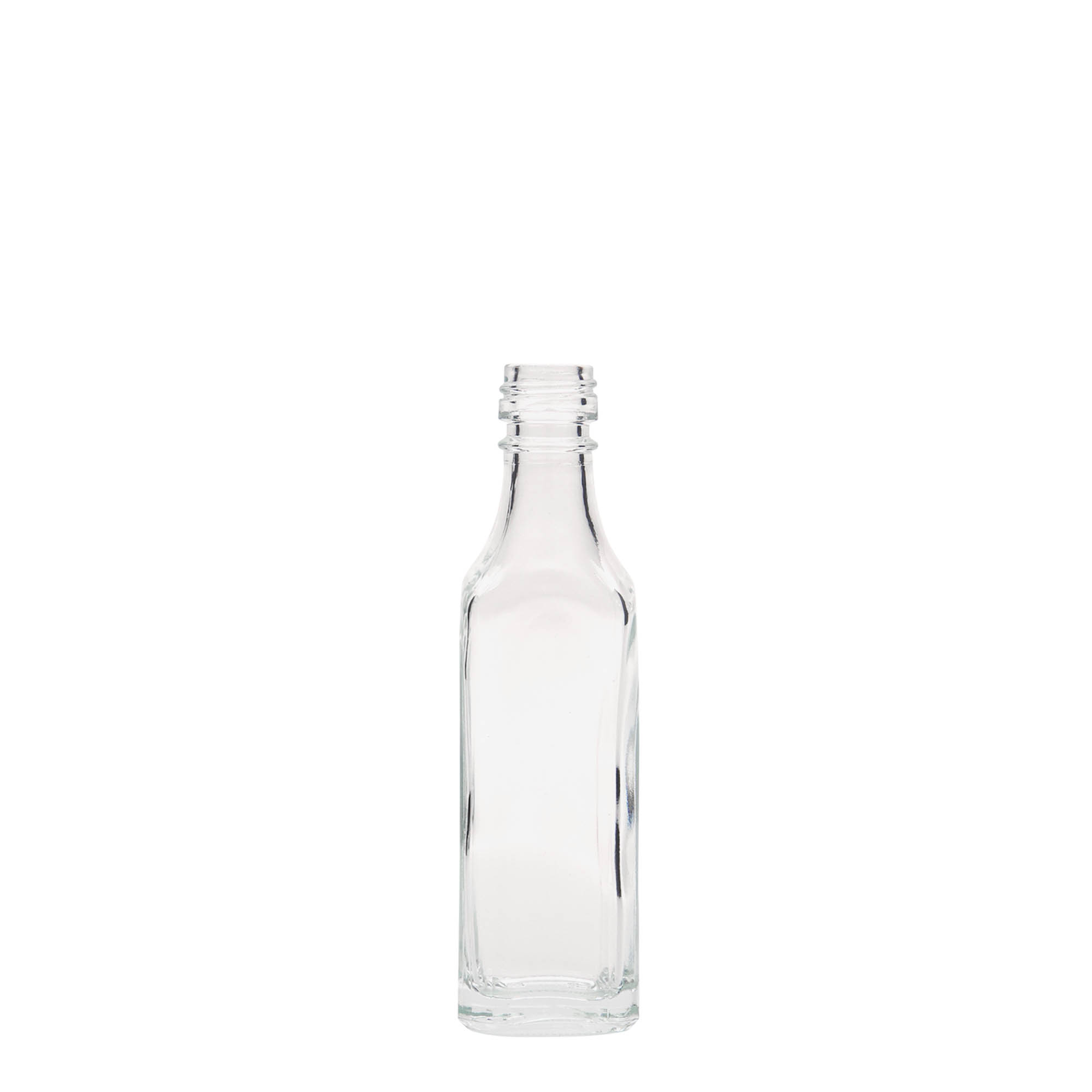 50 ml lasipullo 'Siena', neliömäinen, suuaukko: PP 18 50 ml lasipullo 'Siena', neliömäinen, suuaukko: PP 18