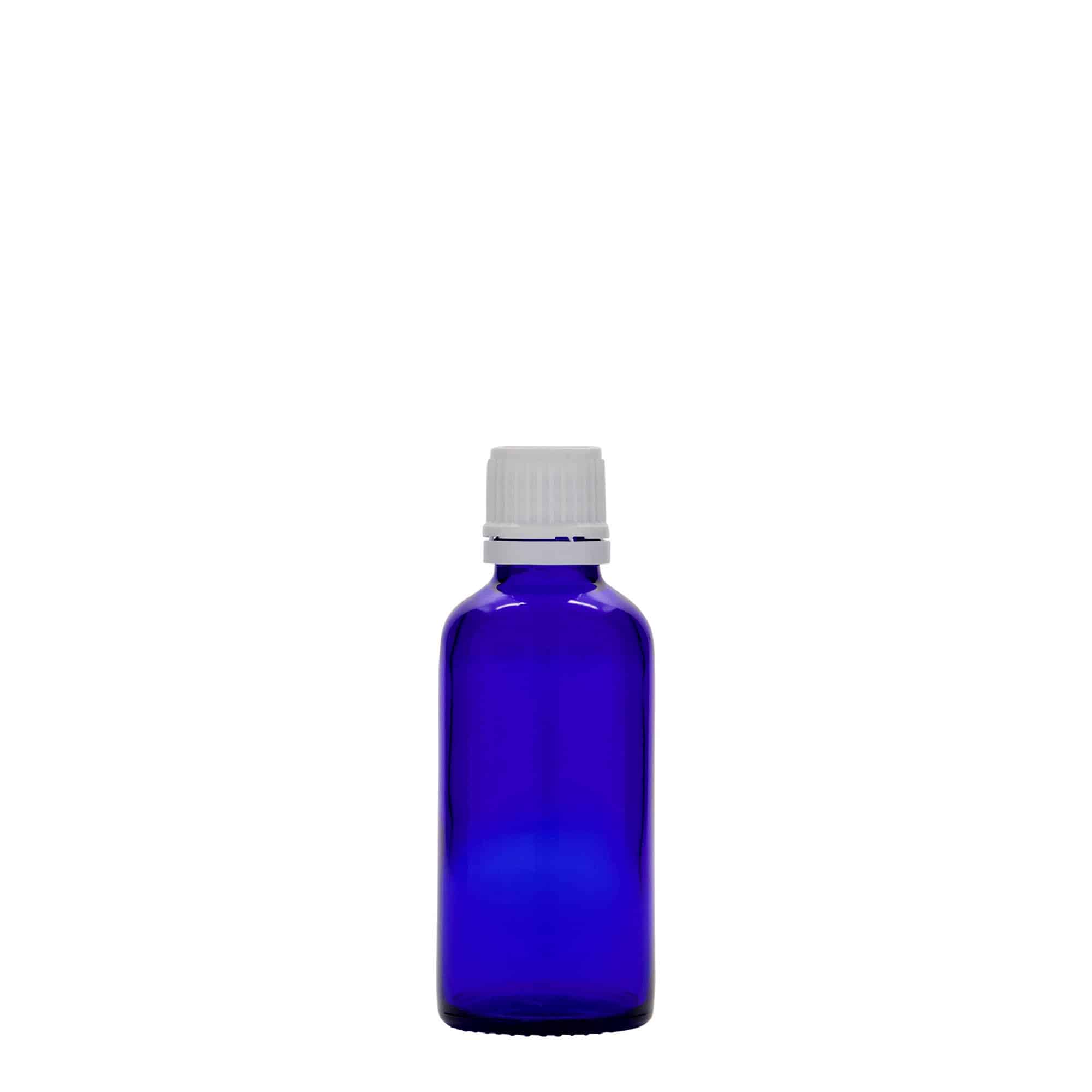 50 ml lääkepullo, lasi, laivastonsininen, suu: DIN 18
