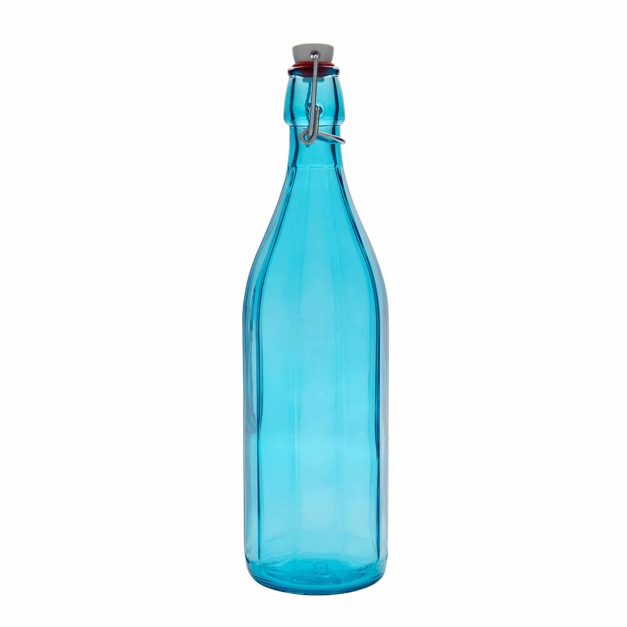 1000 ml lasipullo 'Oxford', kymmenkulmainen, azurinsininen, suu: patenttikorkki