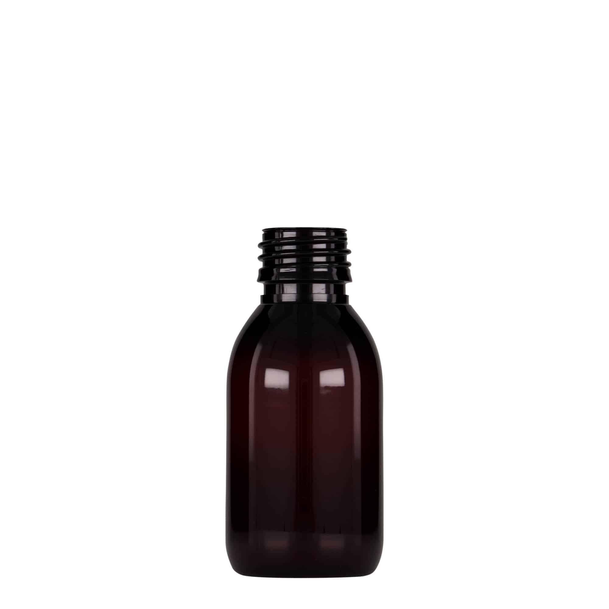 100 ml PET-lääkepullo, ruskea, muovi, suu: PP 28 100 ml PET-lääkepullo, ruskea, muovi, suu: PP 28