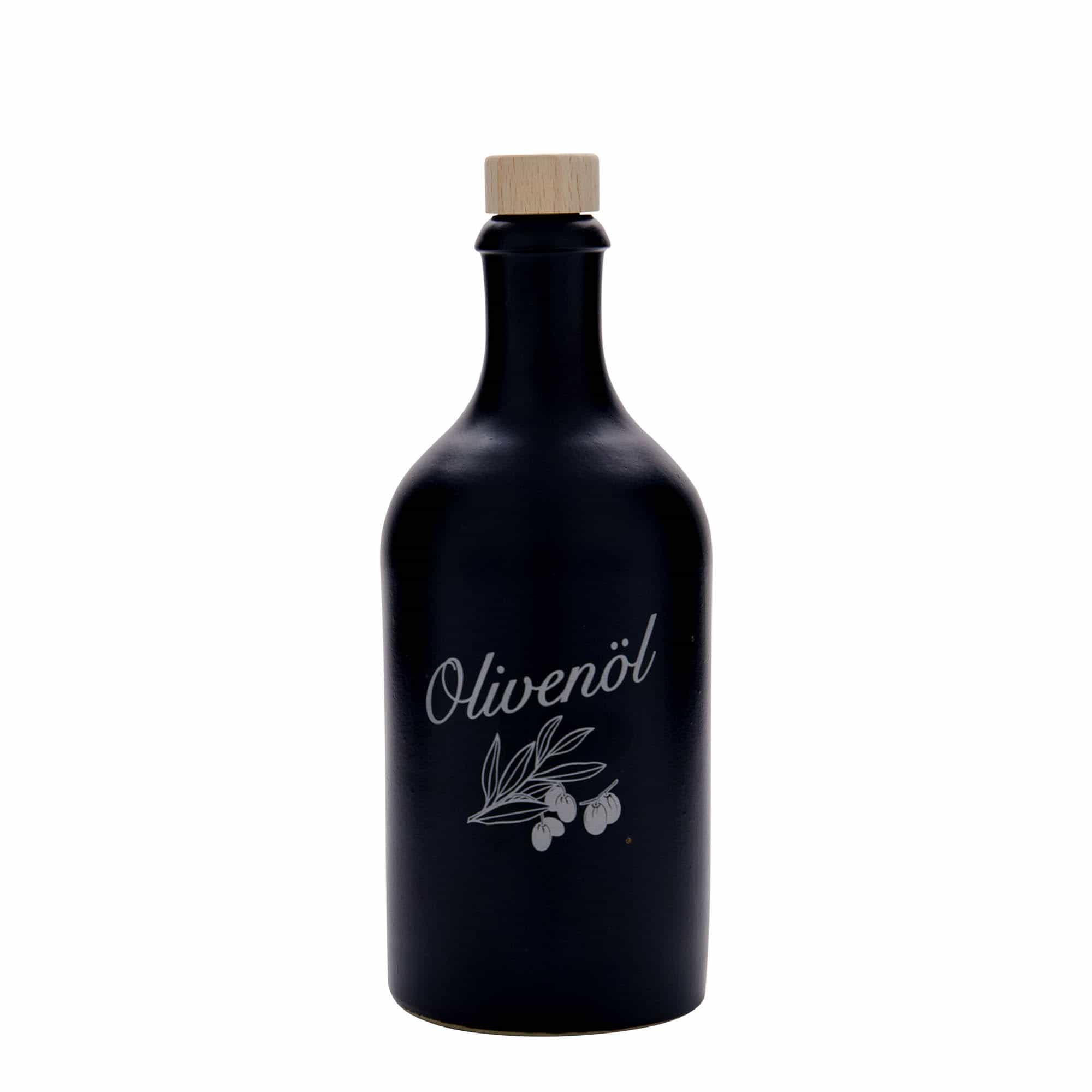 500 ml saviruukku, aihe: oliiviöljy, kivikeramiikka, musta, suuaukko: korkki