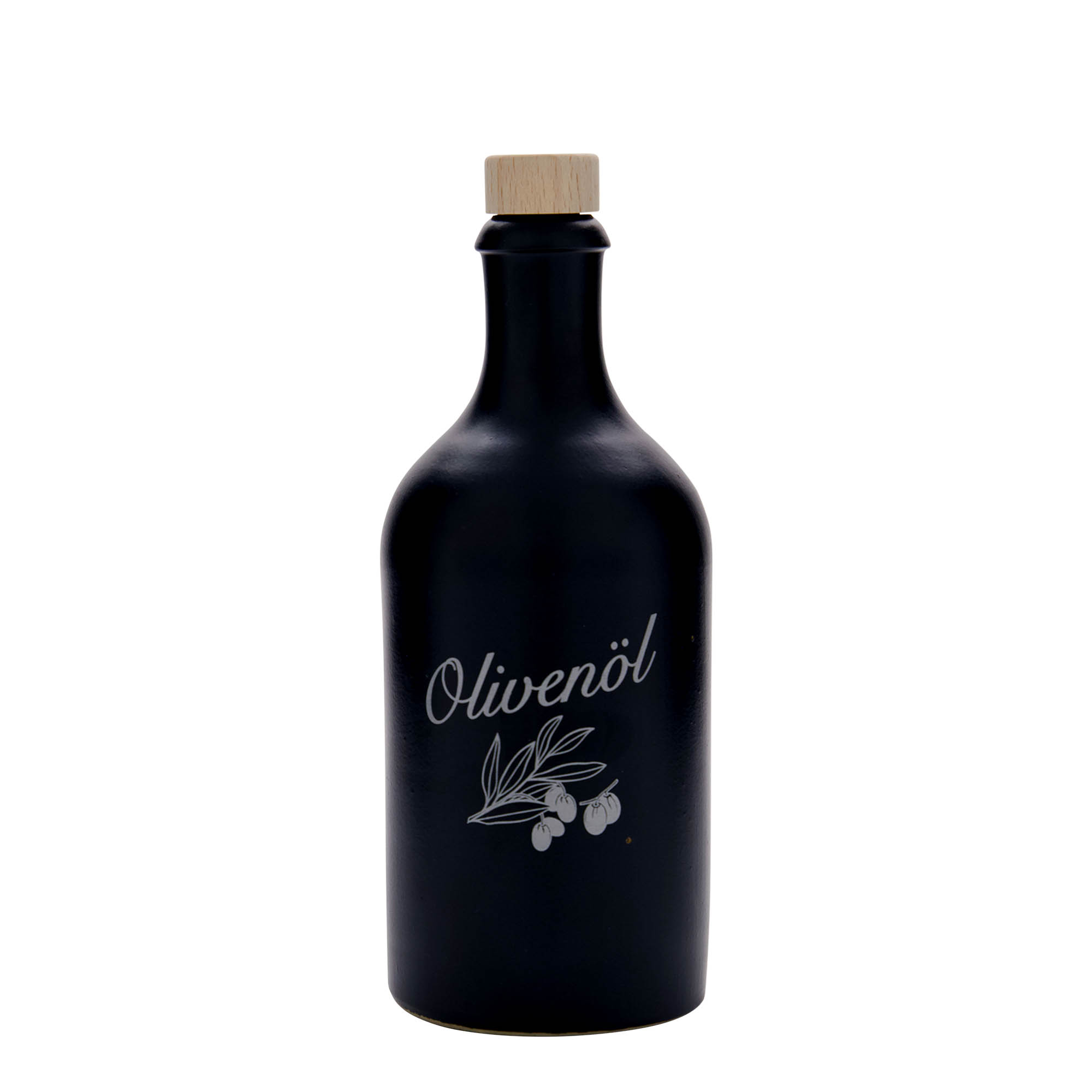 500 ml saviruukku, aihe: oliiviöljy, kivikeramiikka, musta, suuaukko: korkki