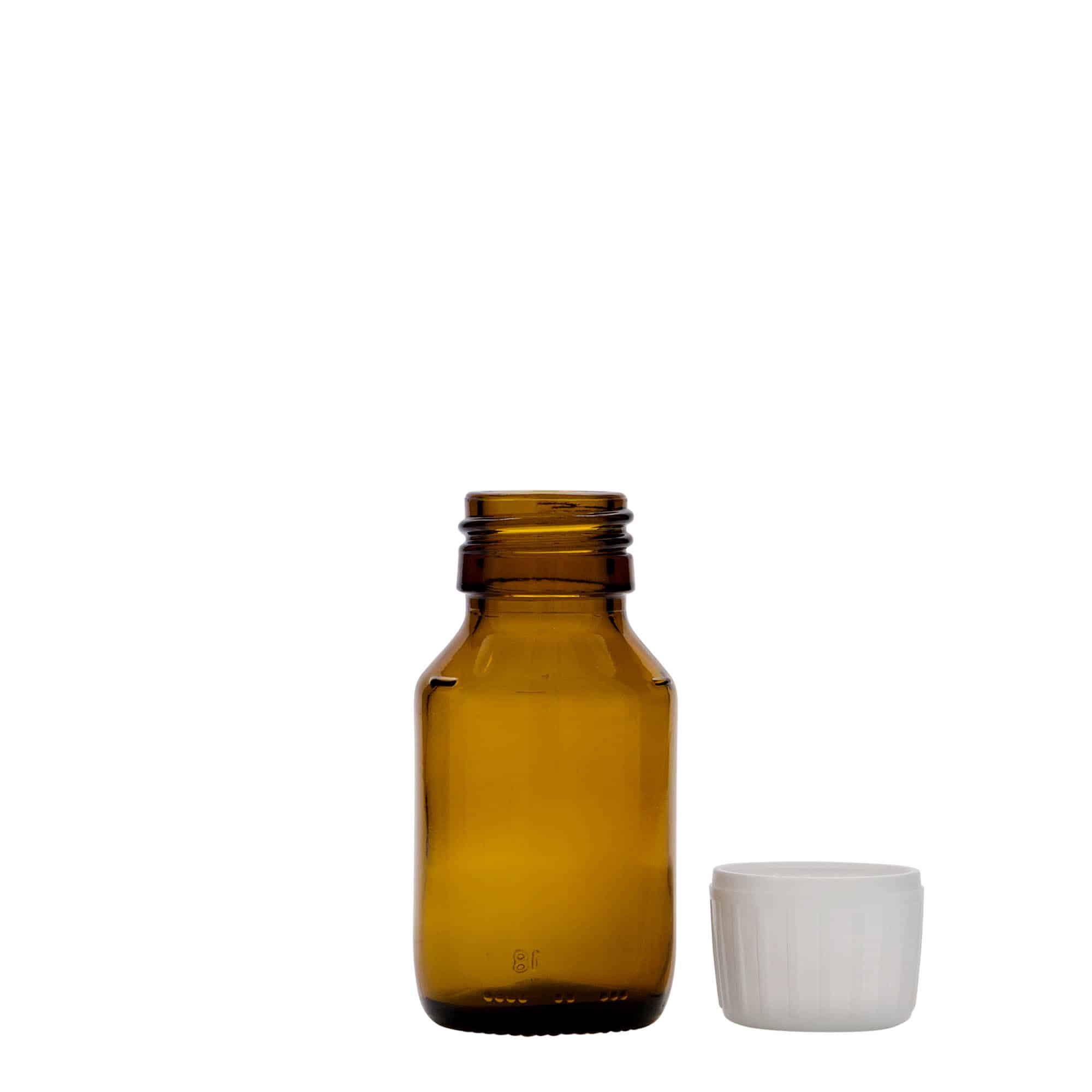 50 ml lääkepullo, ruskea, lasi, suu: PP 28