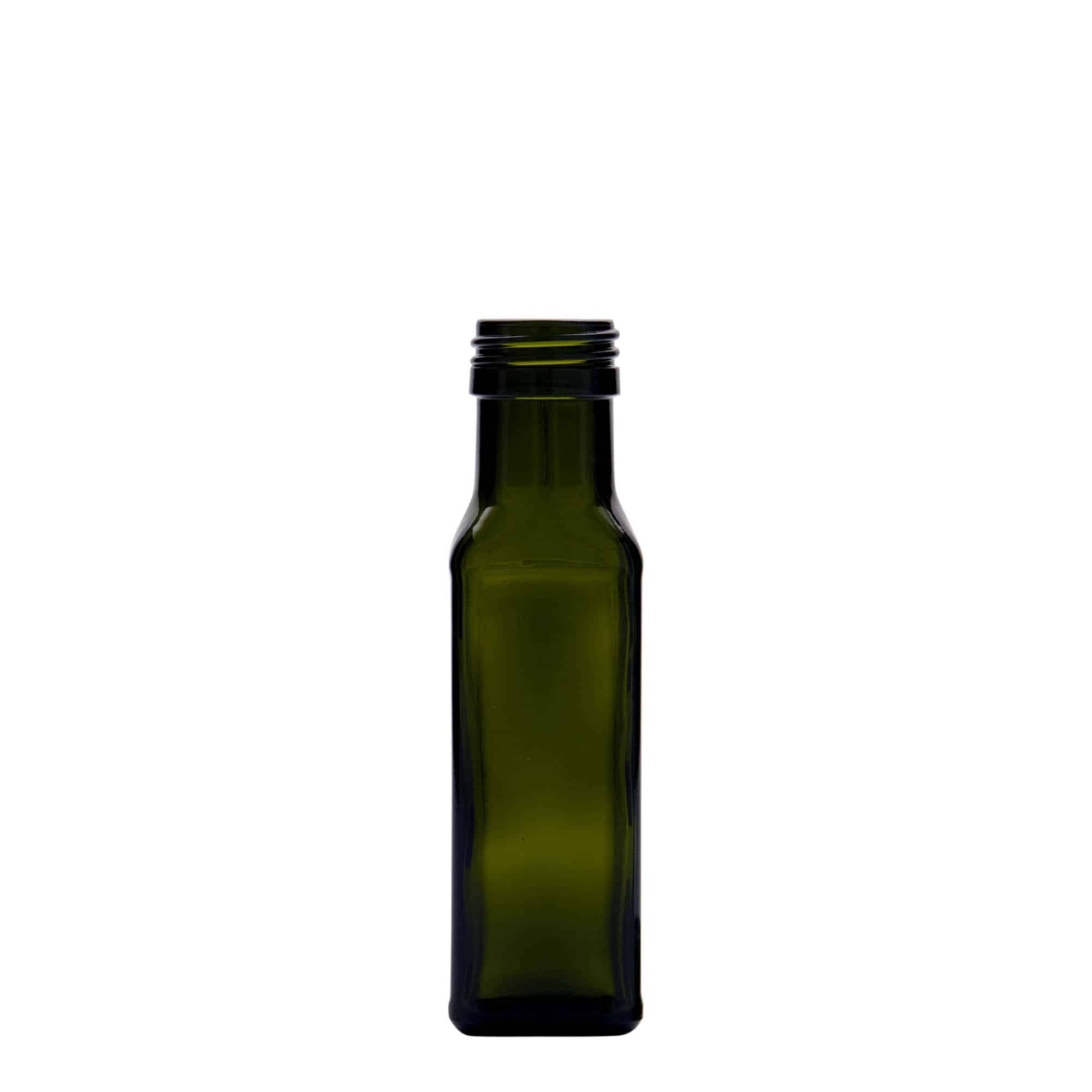 100 ml lasipullo 'Marasca', neliömäinen, antiikkivihreä, suuaukko: PP 31,5