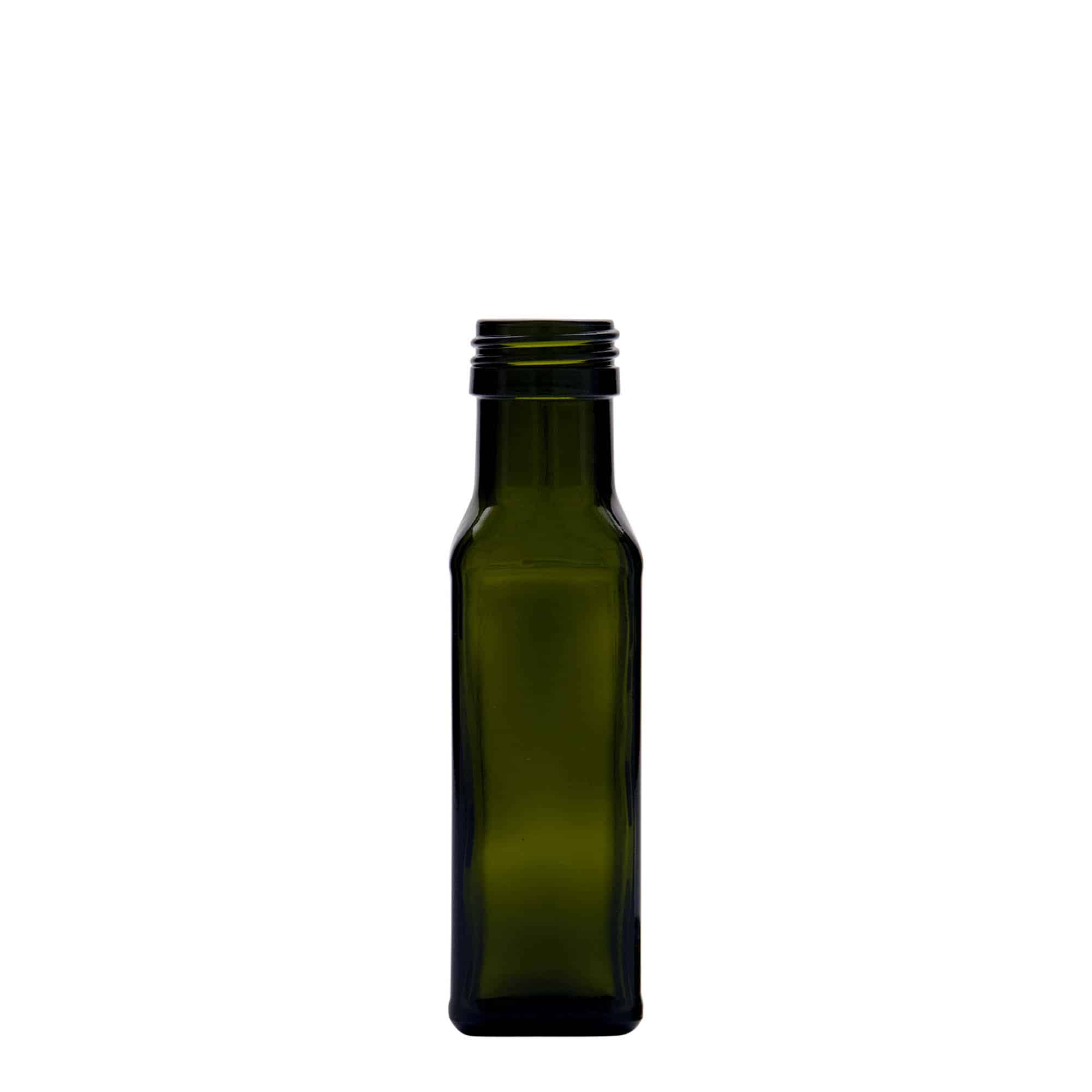 100 ml lasipullo 'Marasca', neliömäinen, antiikkivihreä, suuaukko: PP 31,5