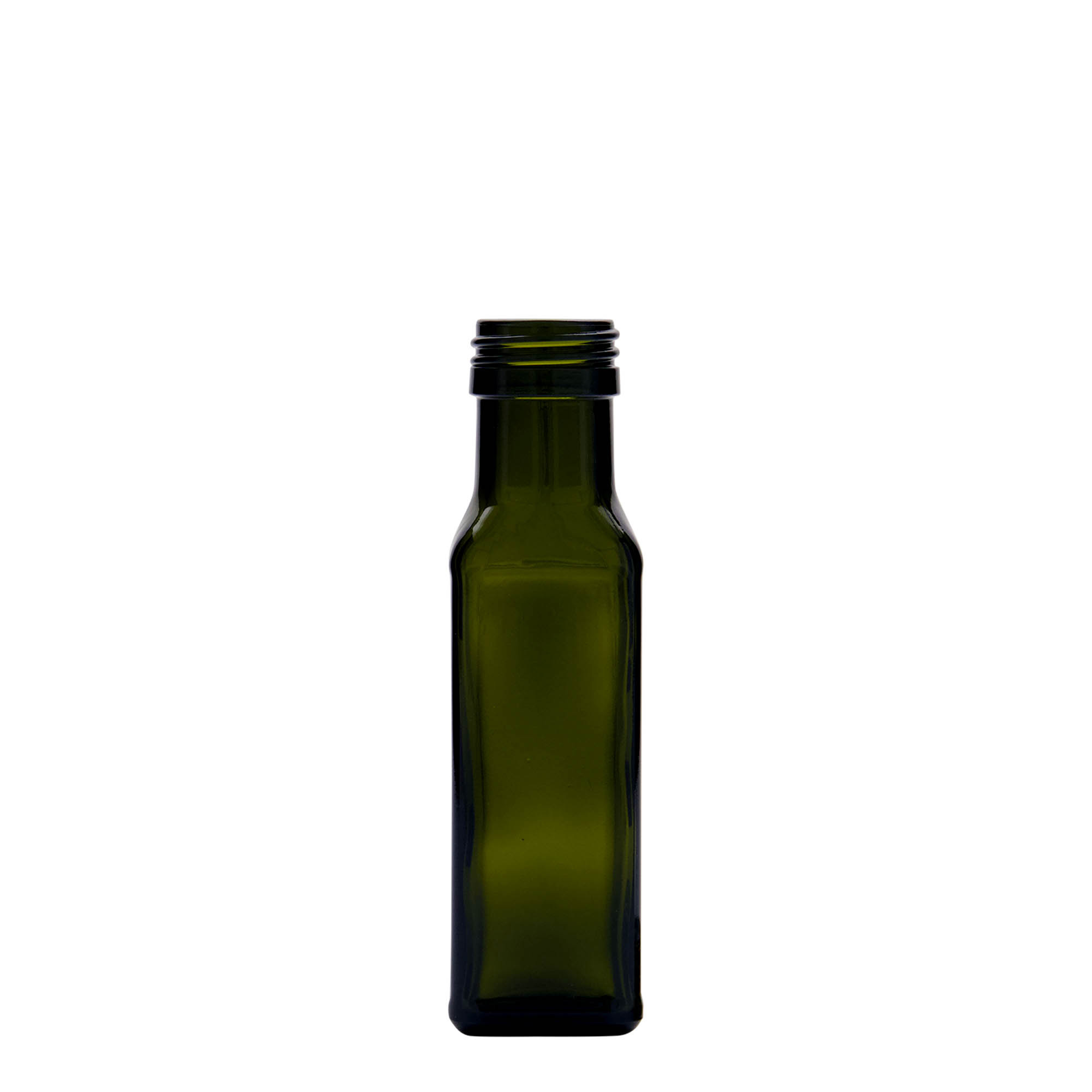 100 ml lasipullo ”Marasca”, neliömäinen, antiikkivihreä, suuaukko: PP 31,5