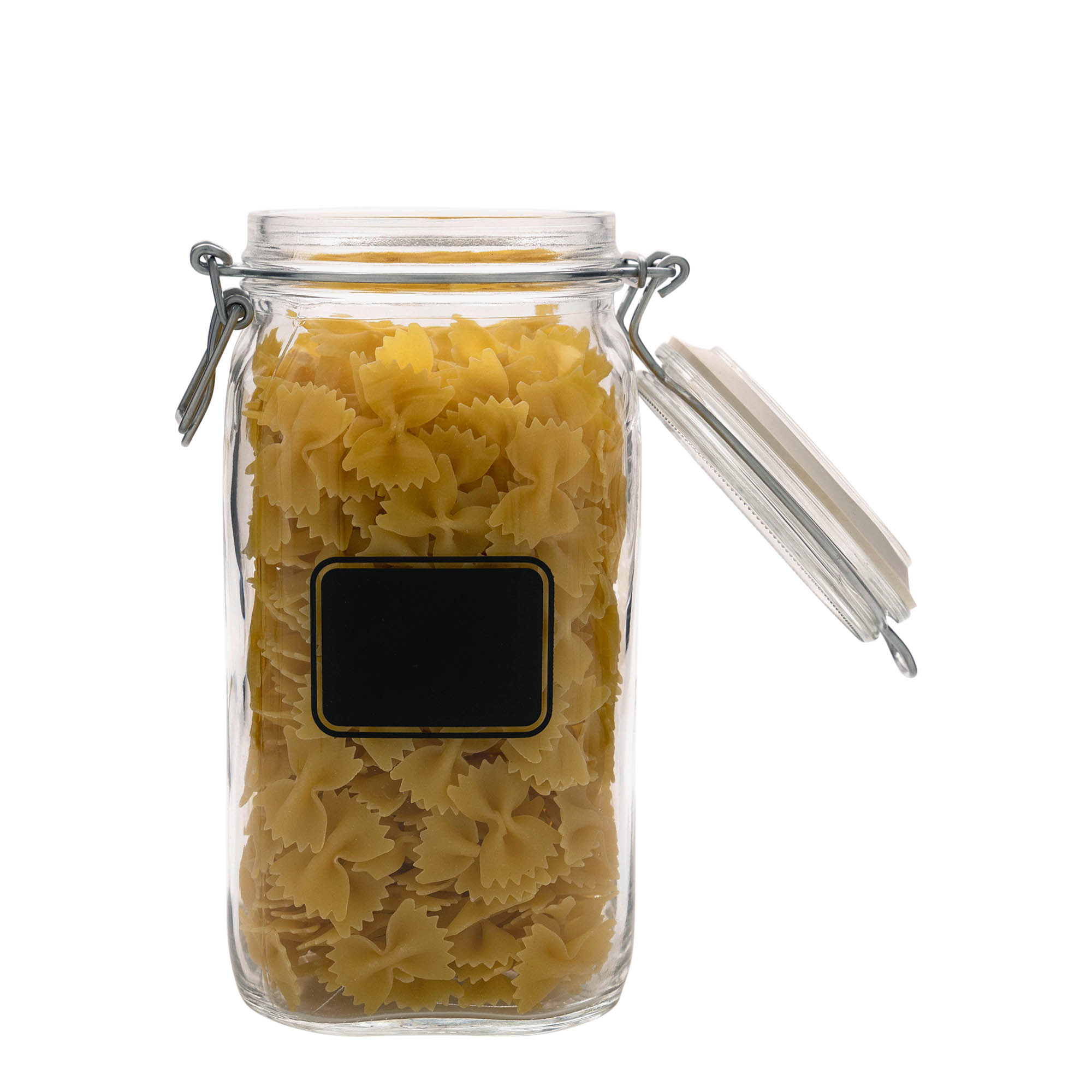 1 500 ml:n lankakahvainen lasipurkki 'Fido', koriste: etikettikenttä, neliö, suuaukko: lankakahvalukko 1 500 ml:n lankakahvainen lasipurkki 'Fido', koriste: etikettikenttä, neliö, suuaukko: lankakahvalukko