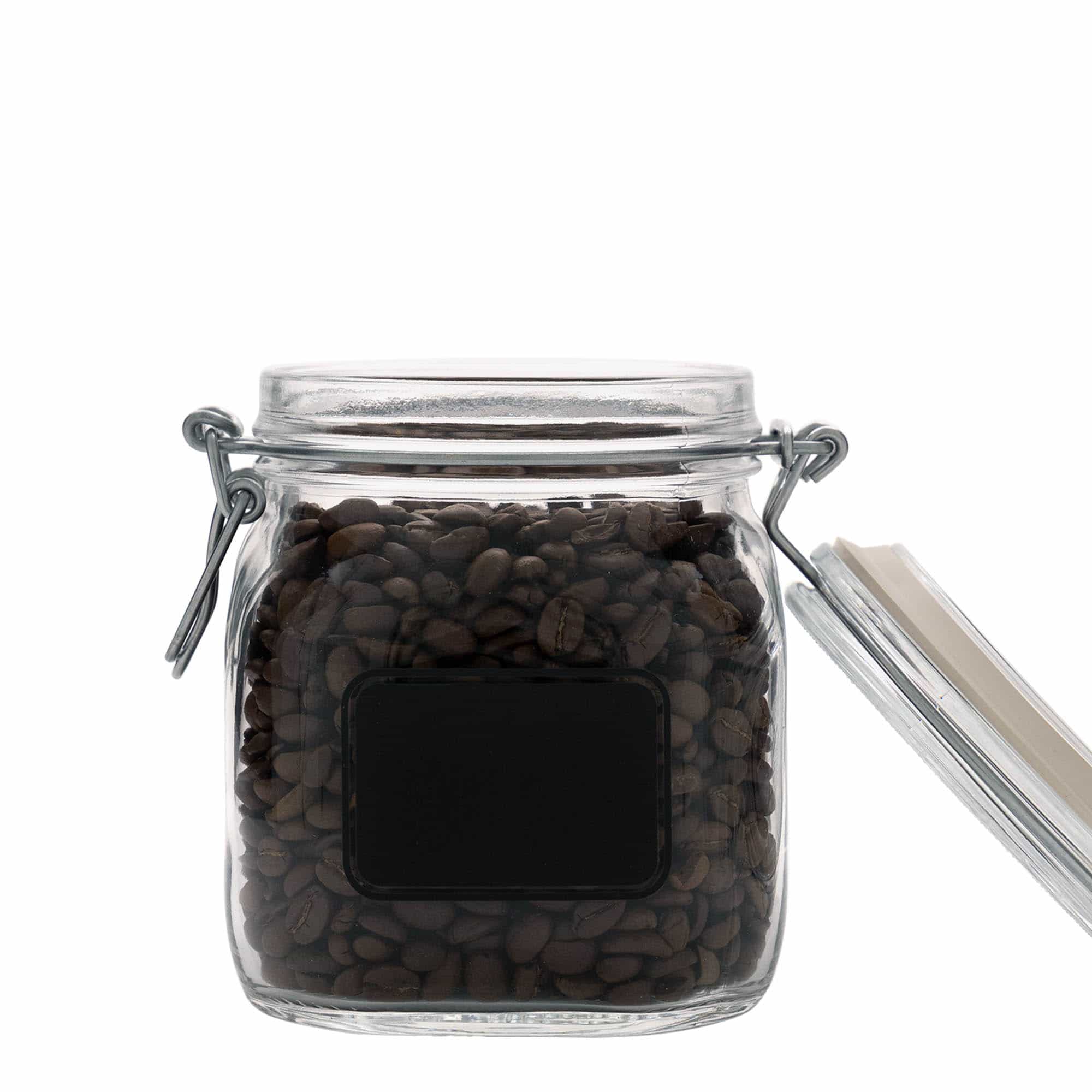 750 ml patenttikorkkilasipurkki 'Fido', kuvio: etikettialue, neliö, suu: patenttikorkki