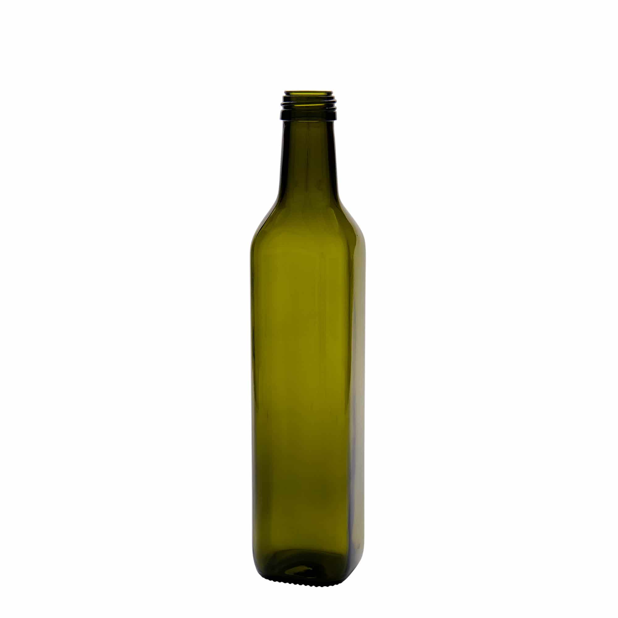500 ml lasipullo 'Marasca', neliö, antiikkivihreä, suuaukko: PP 31,5