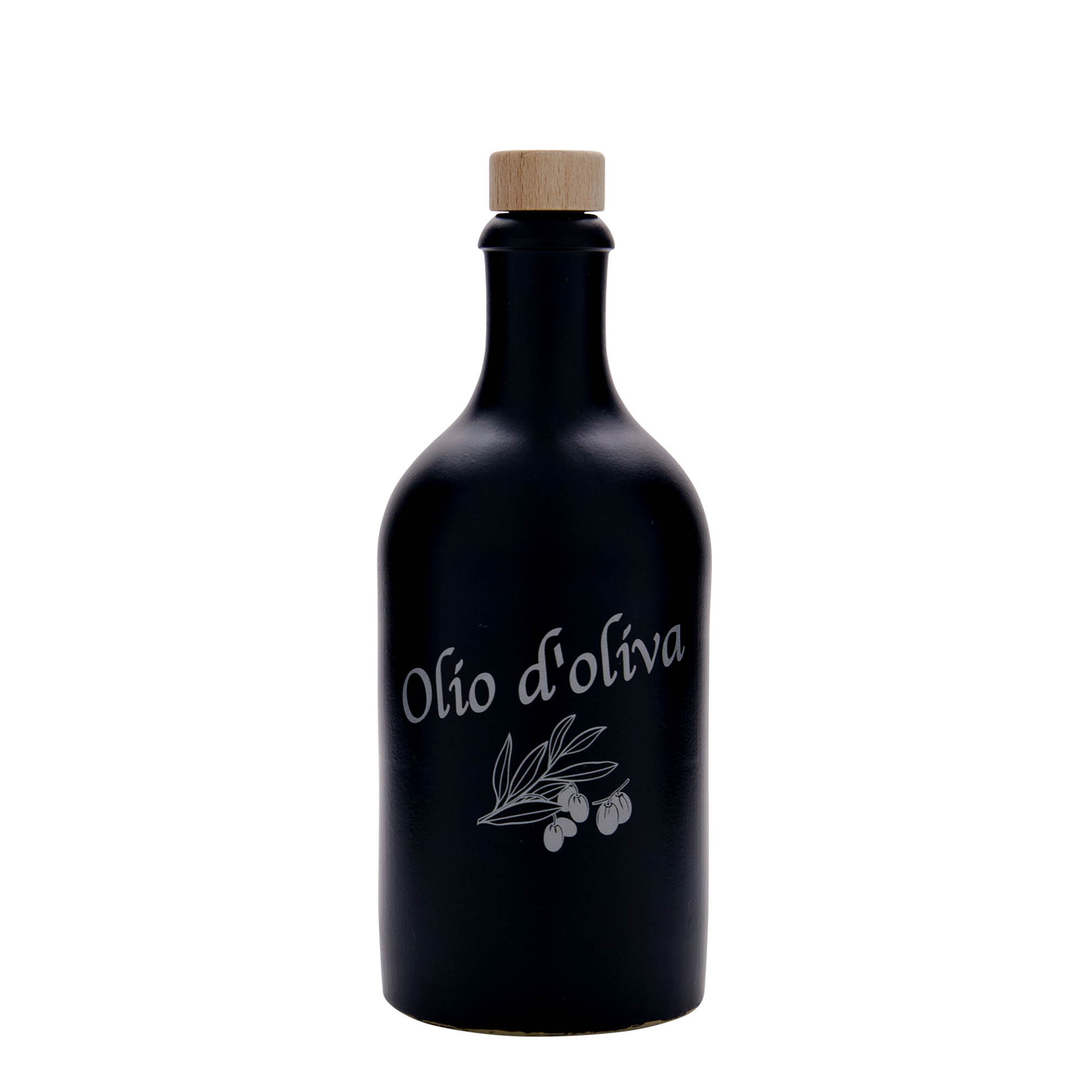 500 ml tonkannu, kuvio: Olio d'Oliva, savi, musta, suuaukko: korkki 500 ml tonkannu, kuvio: Olio d'Oliva, savi, musta, suuaukko: korkki