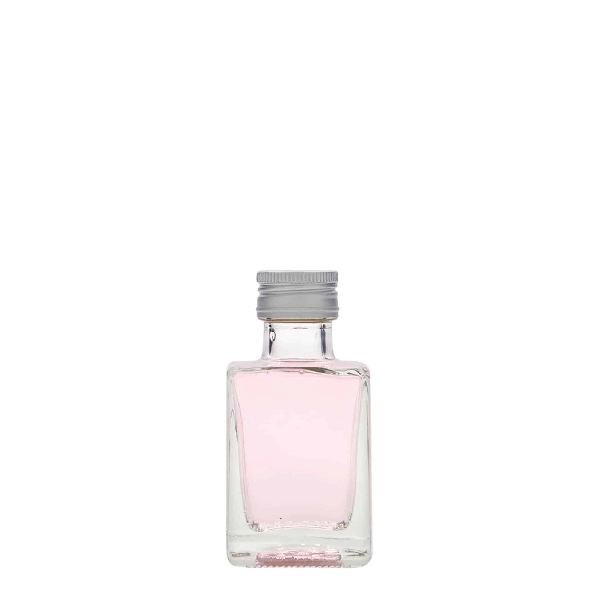 50 ml lasipullo 'Cube', neliönmuotoinen, suuaukko: PP 24