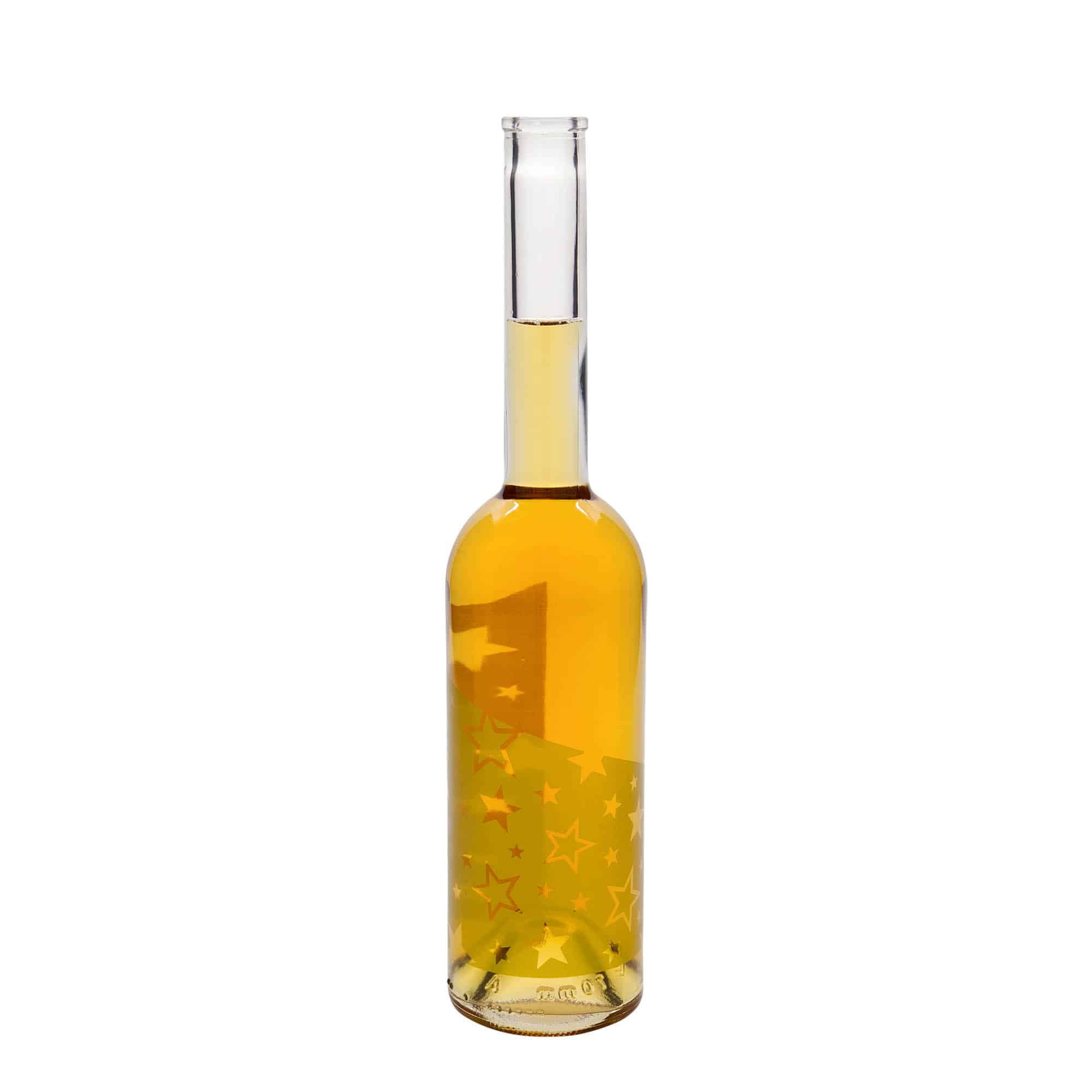 500 ml lasipullo 'Ooppera', kuvio: kultatähdet, suu: korkki