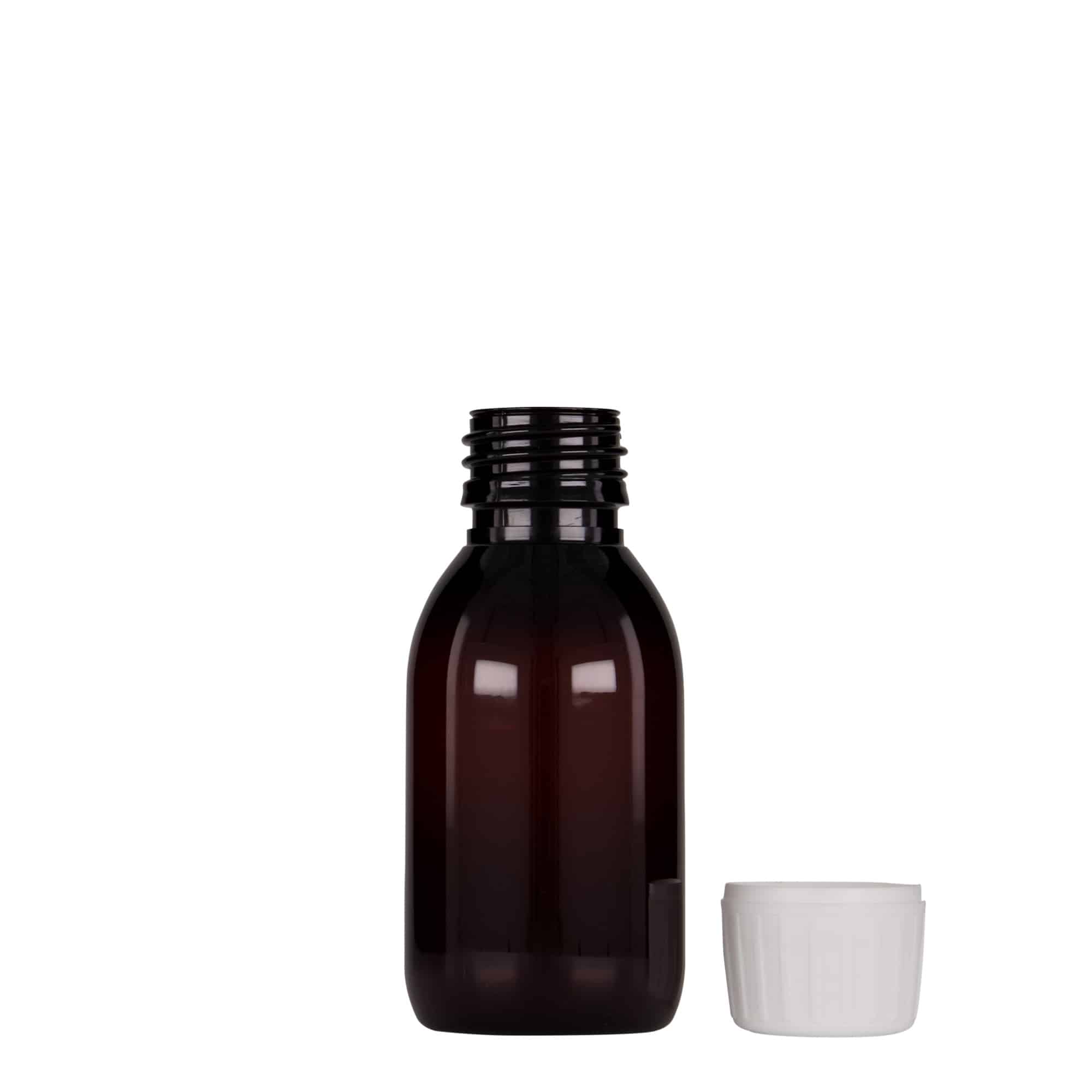 100 ml PET-lääkepullo, ruskea, muovi, suu: PP 28