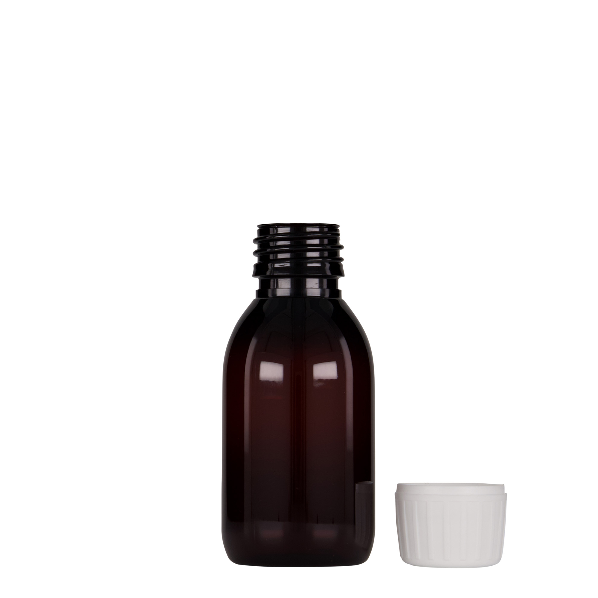 100 ml PET-lääkeastia, ruskea, muovi, suuaukko: PP 28