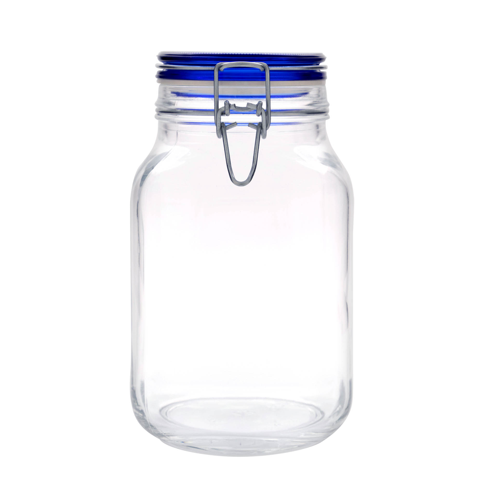 2 000 ml langallinen lasipurkki 'Fido' sinisellä kannella, neliömäinen, suuaukko: langallinen suljin 2 000 ml langallinen lasipurkki 'Fido' sinisellä kannella, neliömäinen, suuaukko: langallinen suljin