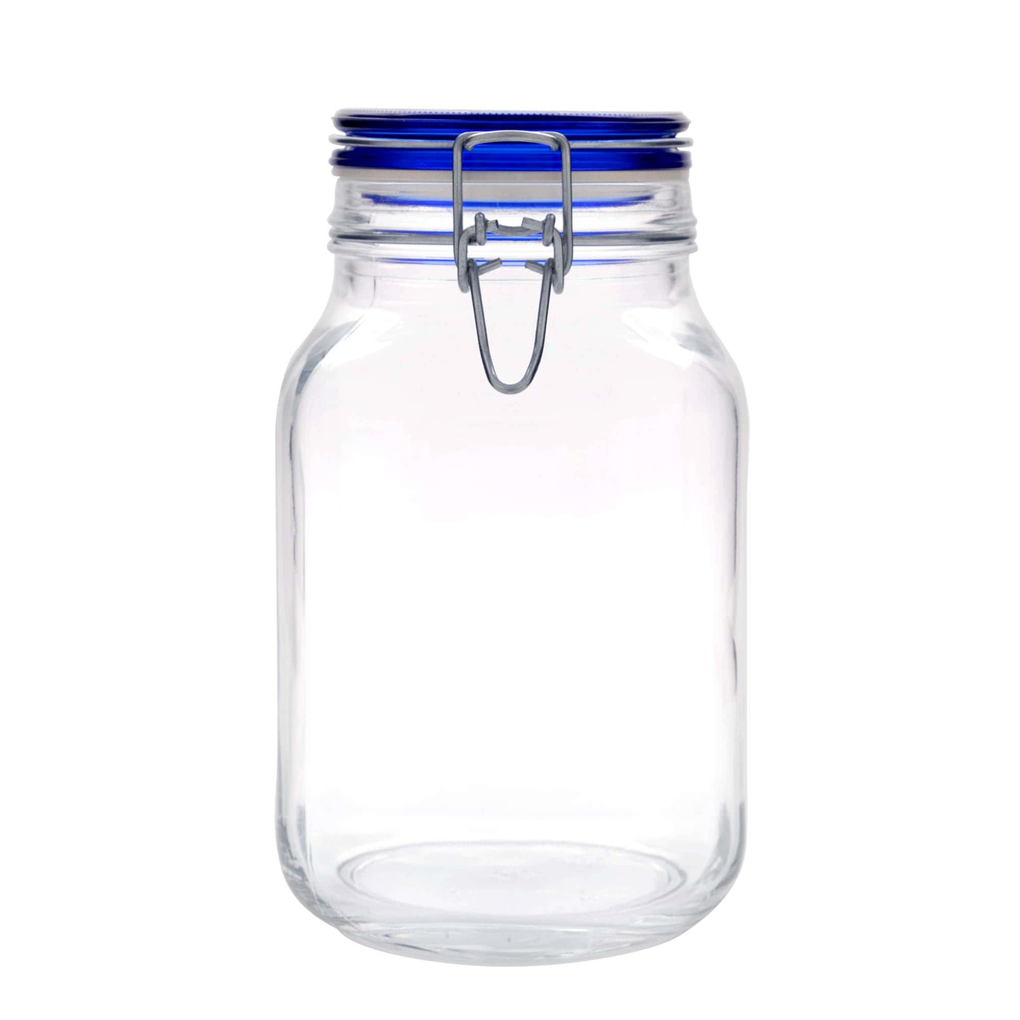 2 000 ml langallinen lasipurkki ”Fido” sinisellä kannella, neliömäinen, suuaukko: langallinen suljin