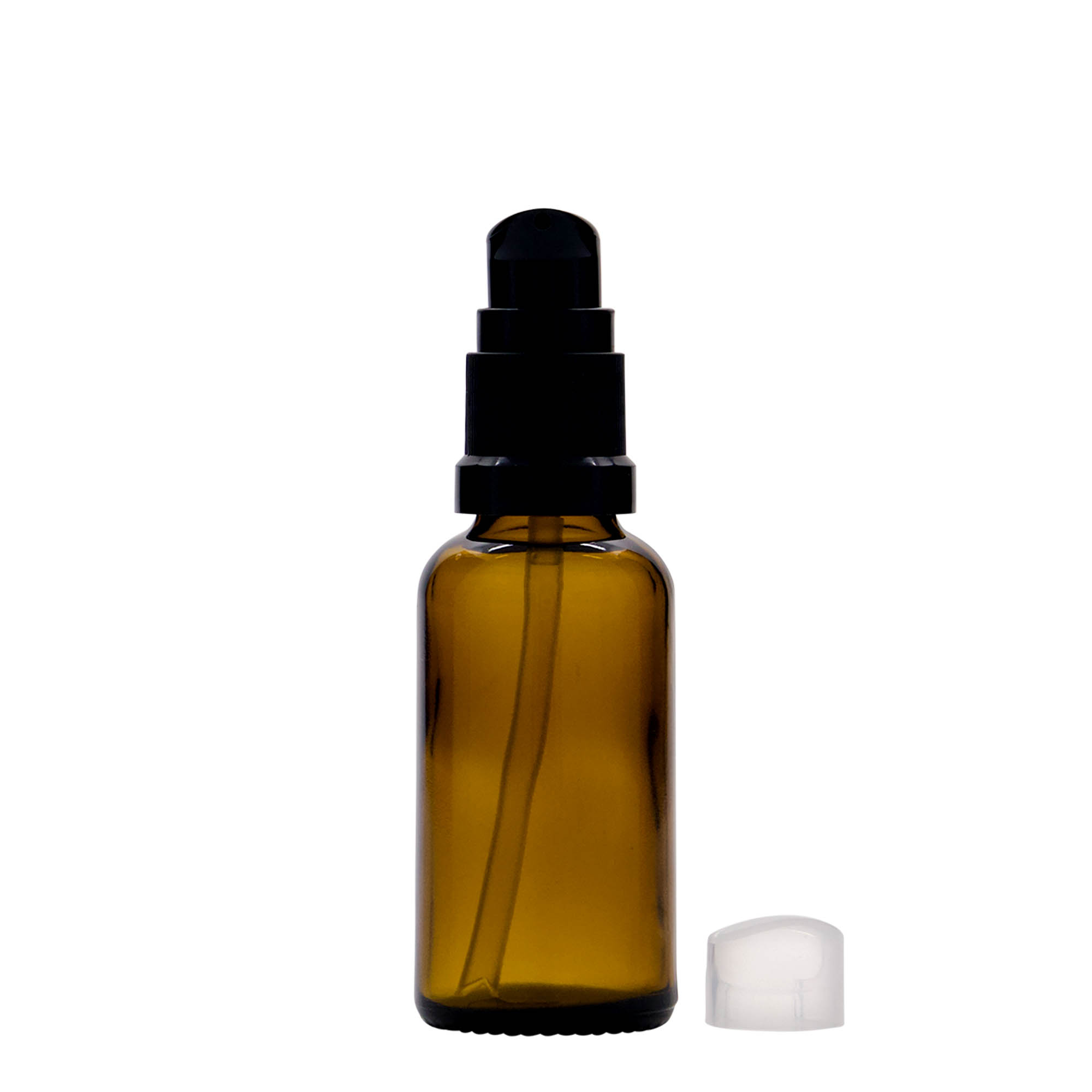 30 ml lääkepullo, jossa voidepumppu, lasia, ruskea, suuaukko: DIN 18 30 ml lääkepullo, jossa voidepumppu, lasia, ruskea, suuaukko: DIN 18