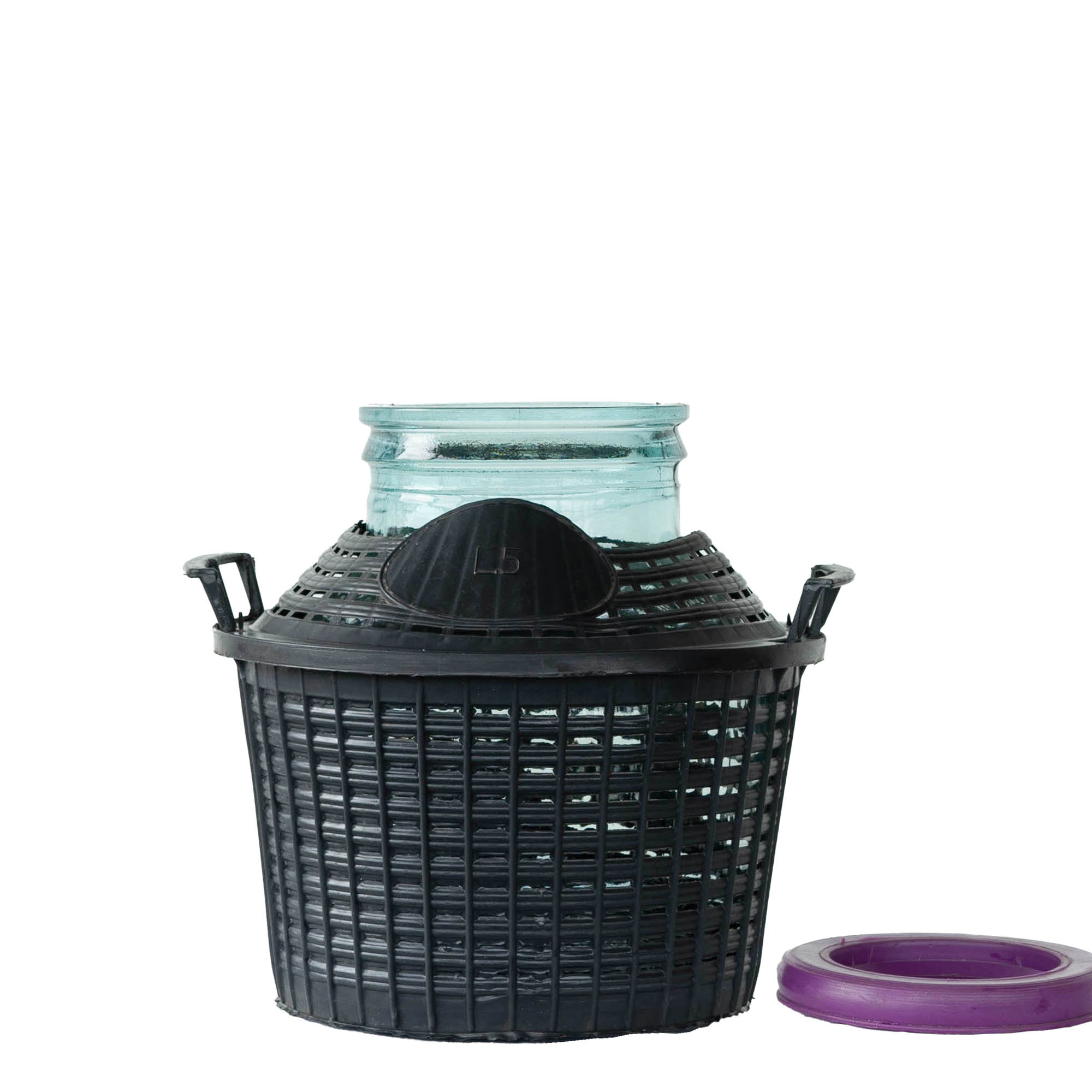 5 l pallopullo leveällä suulla, lasia, suuaukko: päälle käännettävä kansi