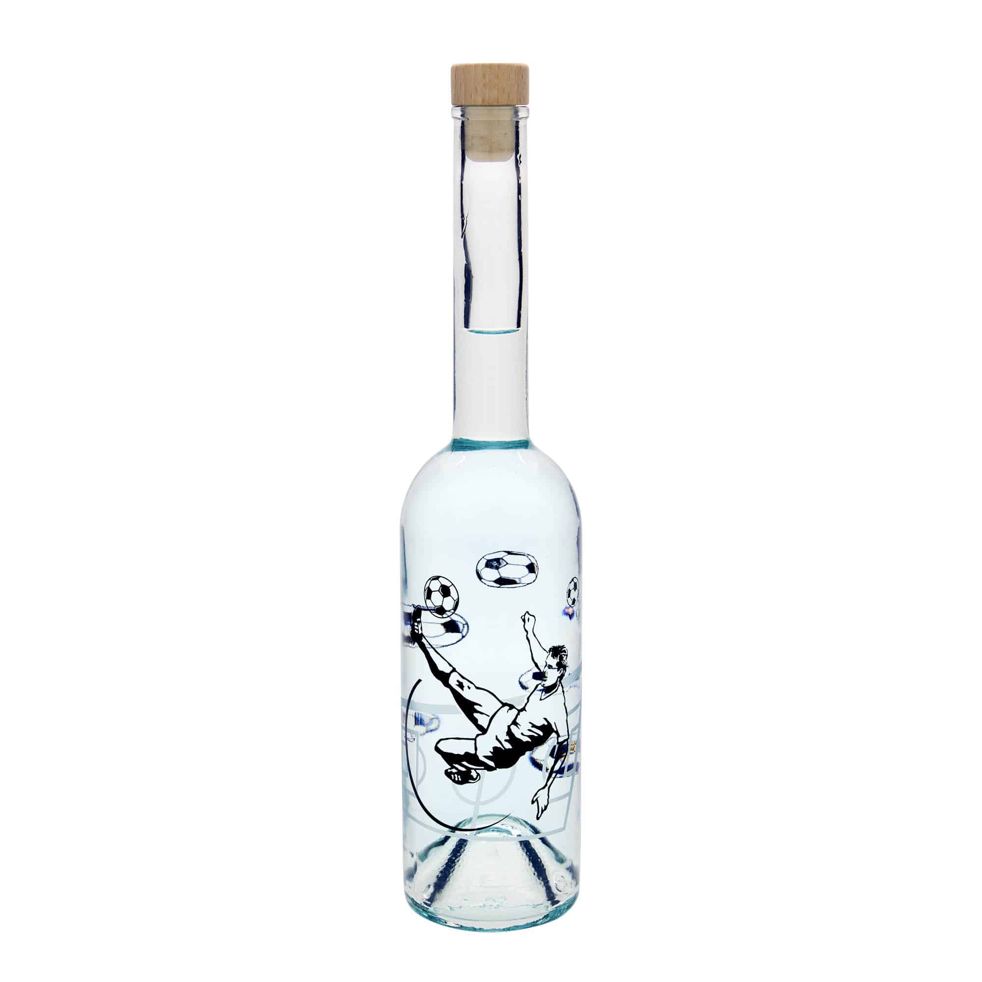 500 ml lasipullo 'Ooppera', kuvio: jalkapalloilija, suu: korkki