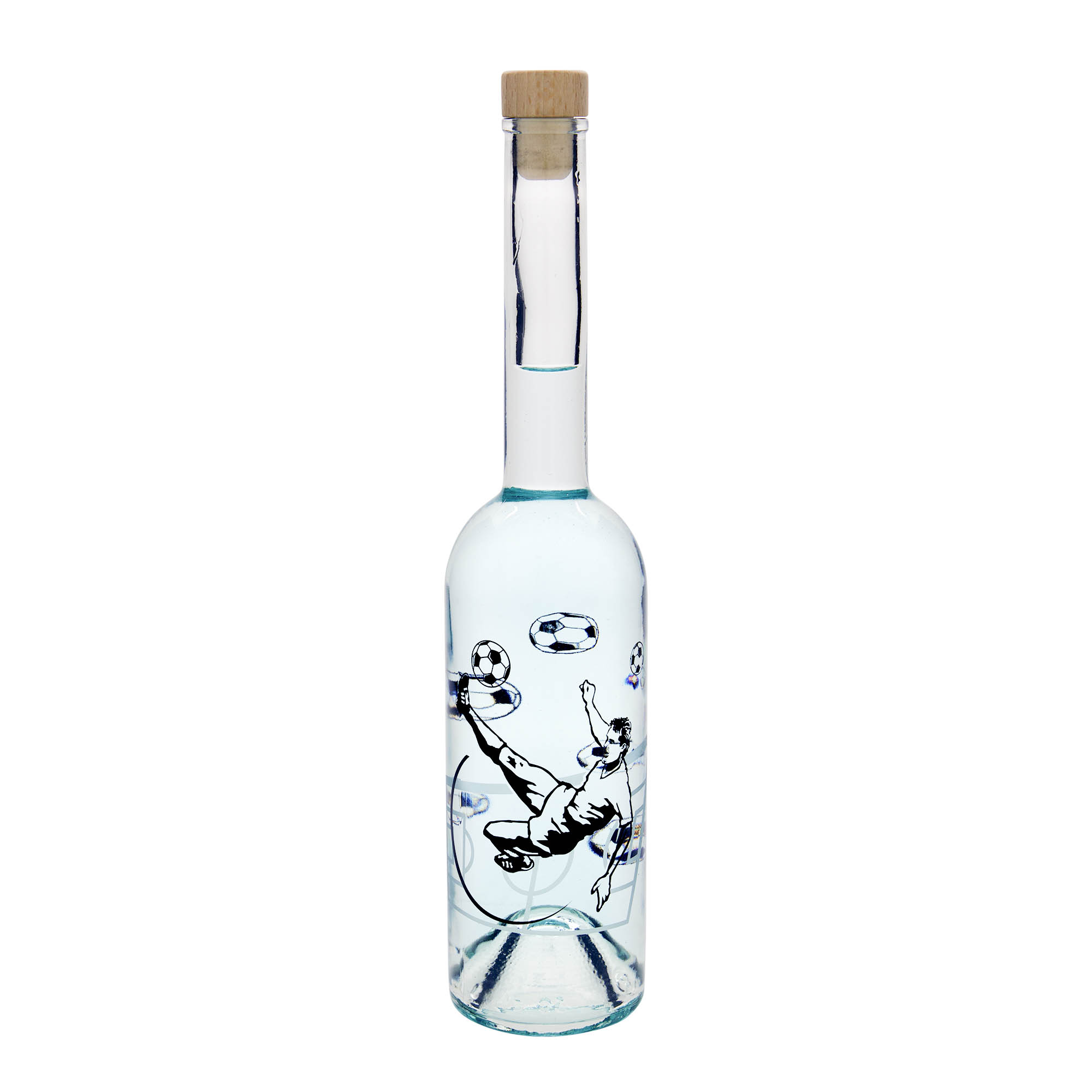 500 ml lasipullo 'Opera', kuvio: jalkapalloilija, suuaukko: korkki