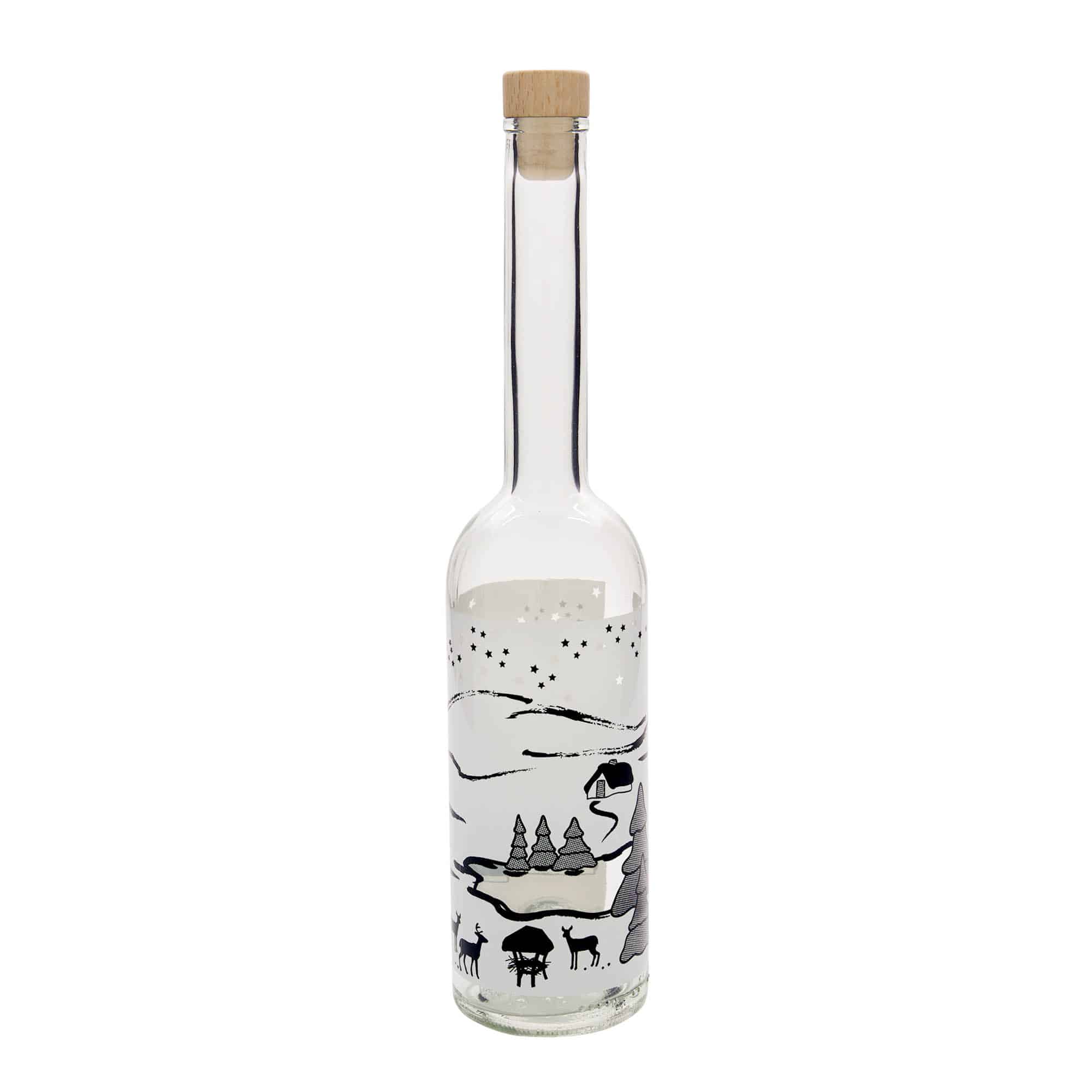 500 ml lasipullo 'Ooppera', kuvio: Talviunelma-Bianco, suu: korkki