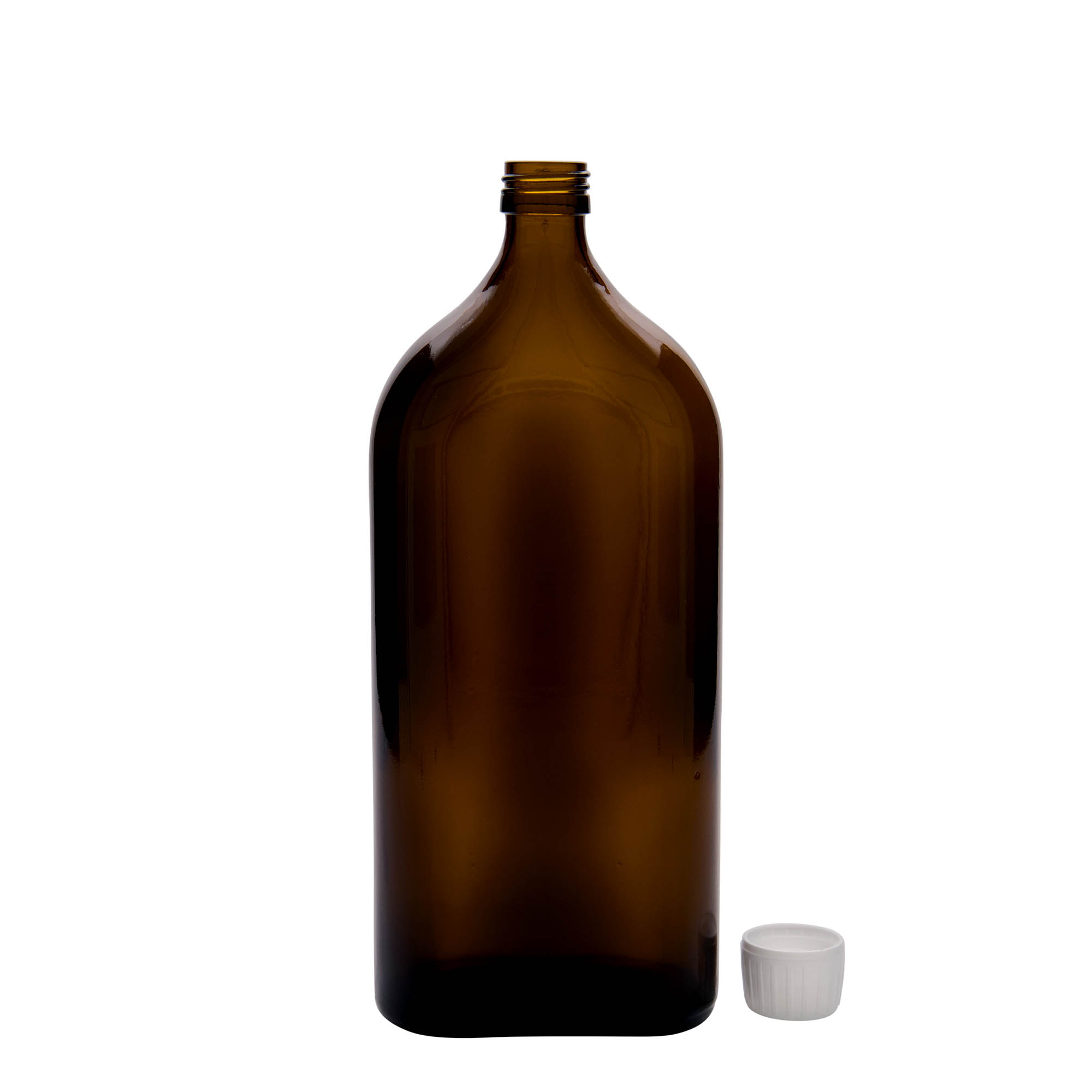 1.000 ml lääkepullo Meplat, ovaali, lasi, ruskea, suuaukko: PP 28 1.000 ml lääkepullo Meplat, ovaali, lasi, ruskea, suuaukko: PP 28