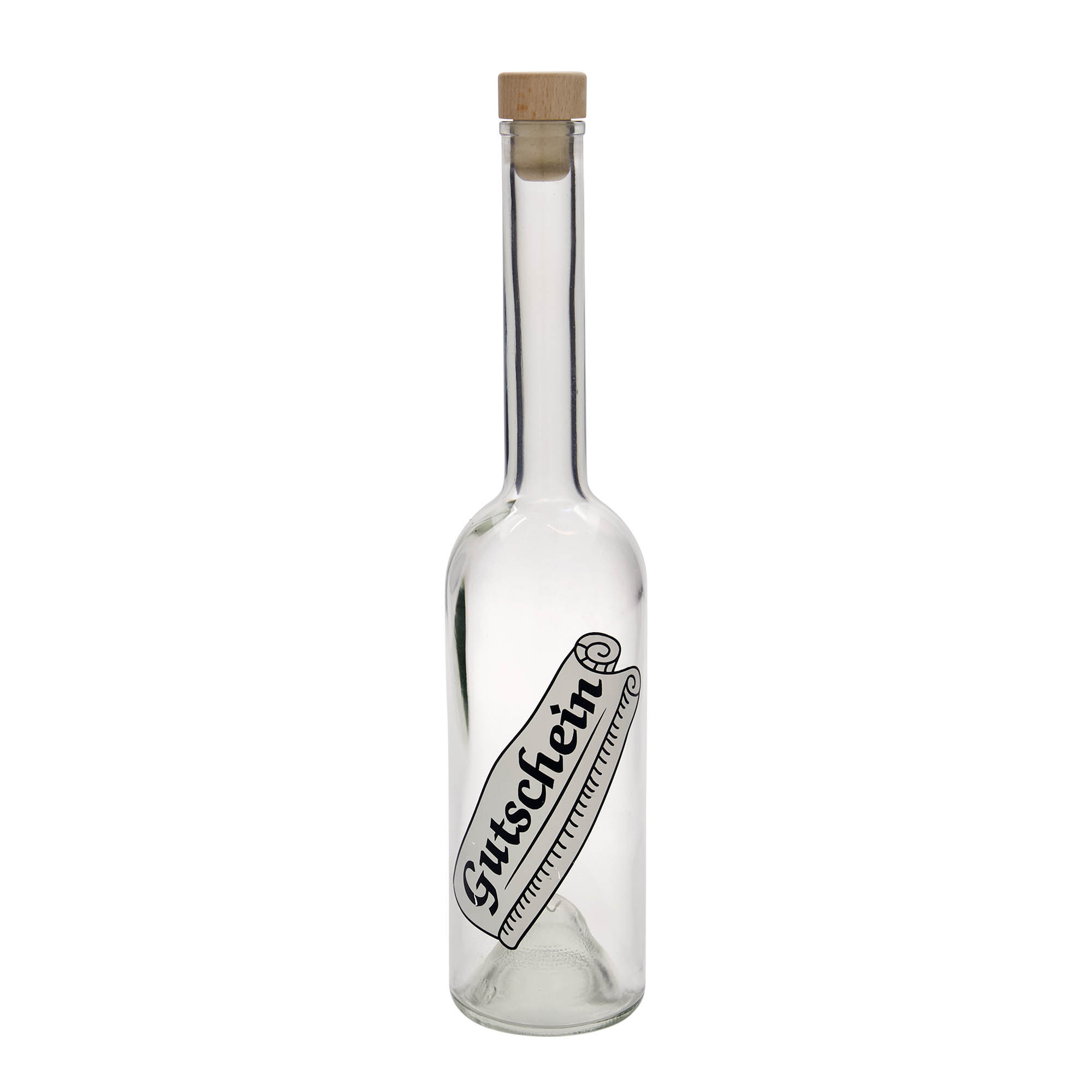500 ml lasipullo 'Opera', kuvio: lahjakortti, suuaukko: korkki