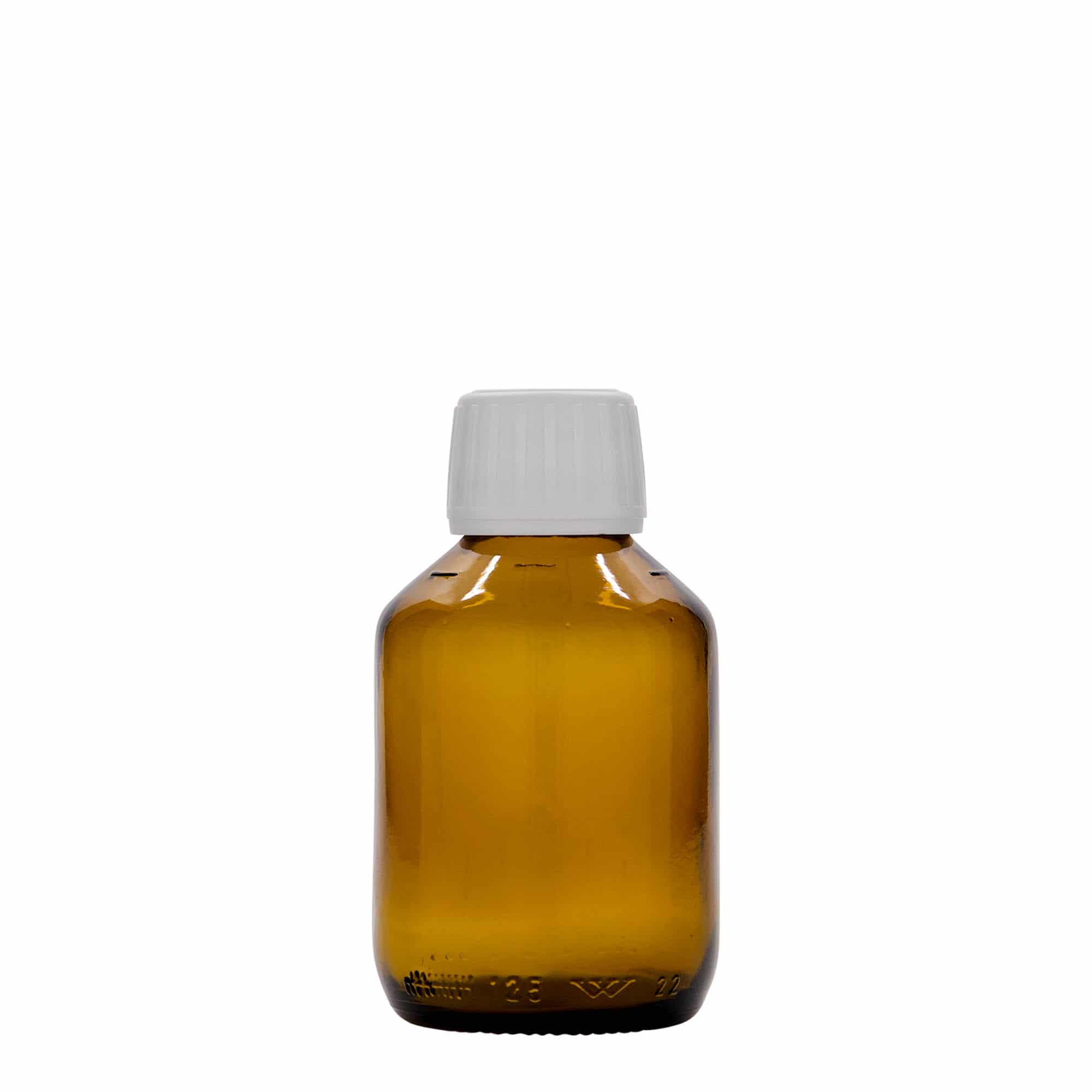 125 ml lääkepullo, ruskea, lasi, suu: PP 28