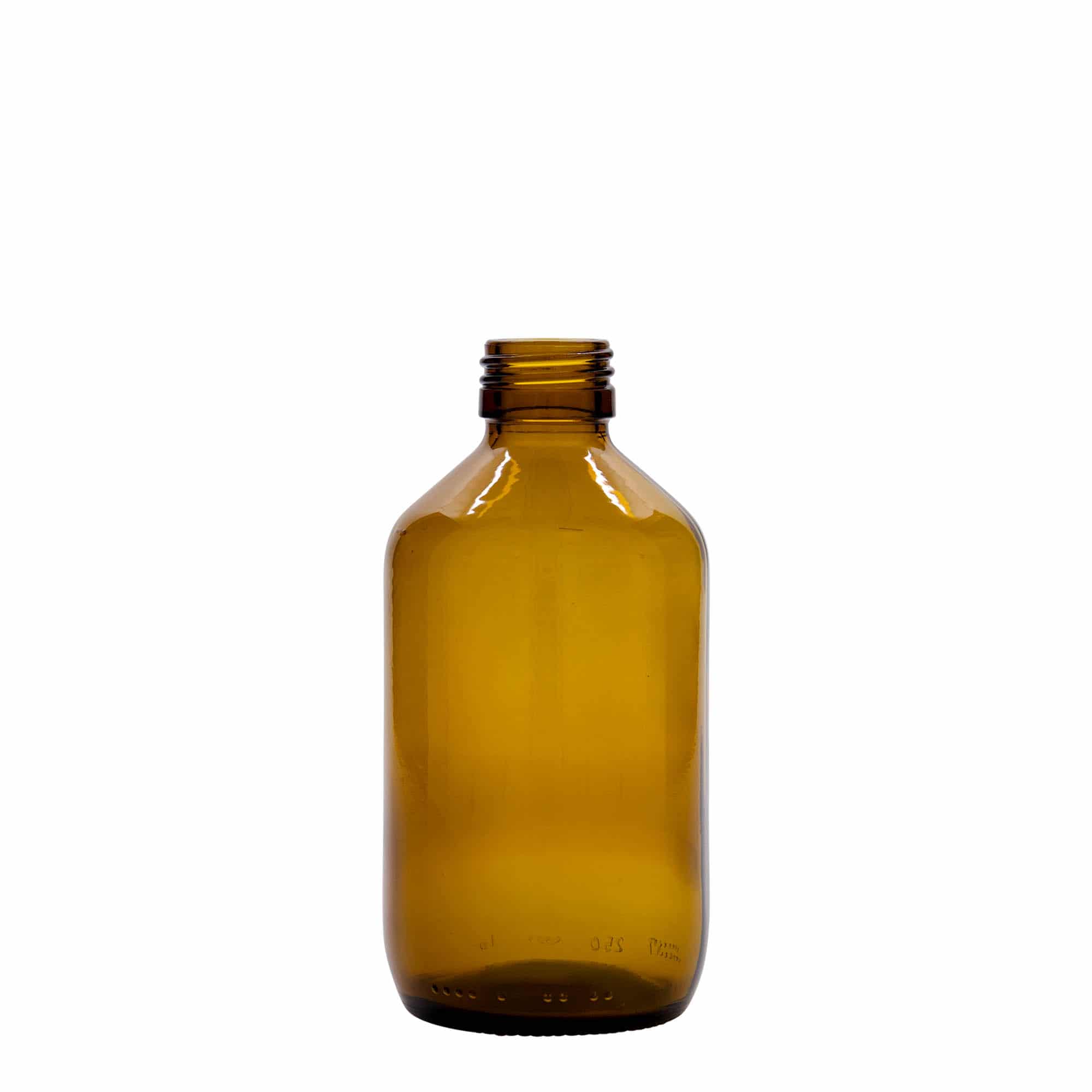 250 ml lääkepullo, ruskea, lasi, suu: PP 28