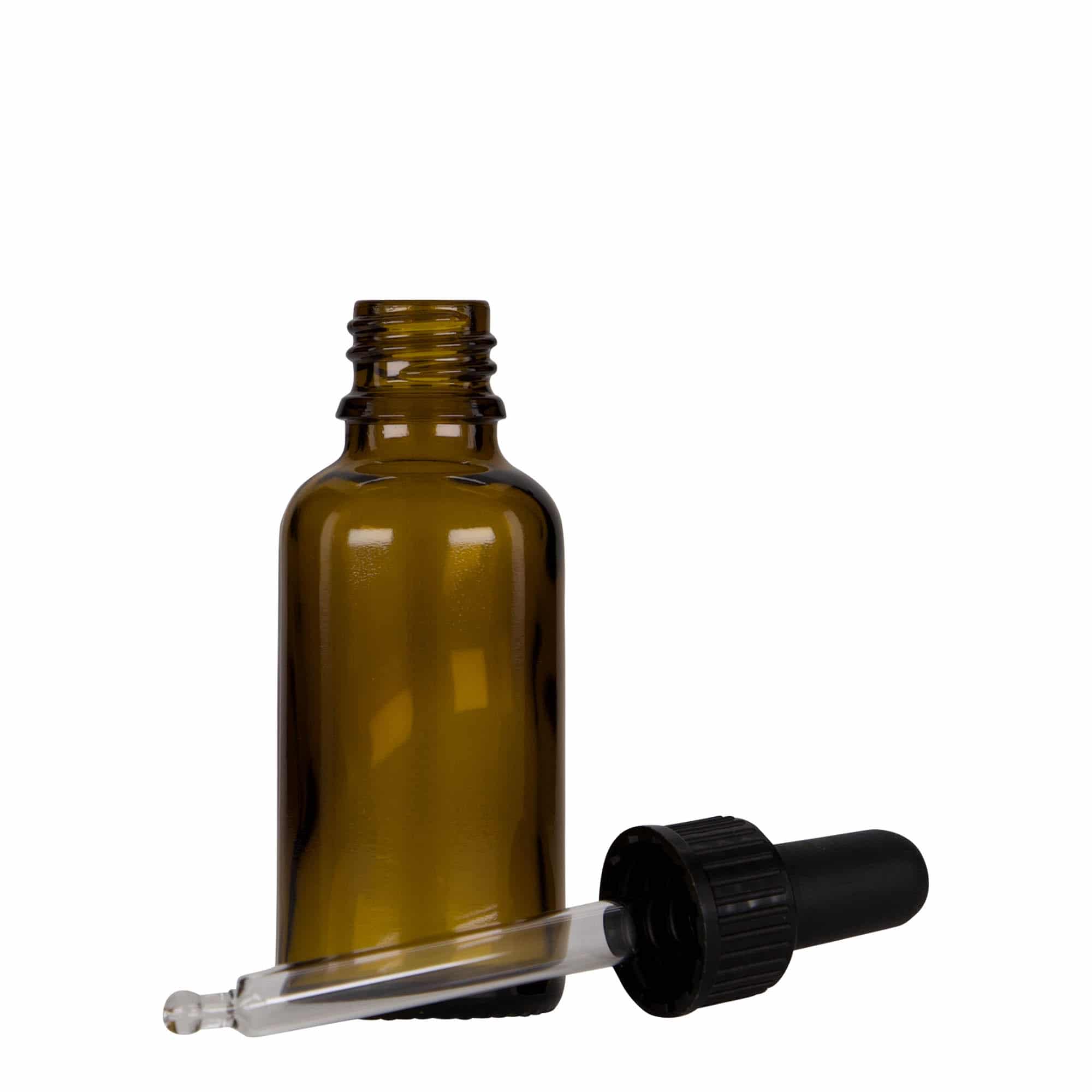 30 ml lääketieteellinen pipettipullo, lasia, ruskea-musta, suuaukko: DIN 18