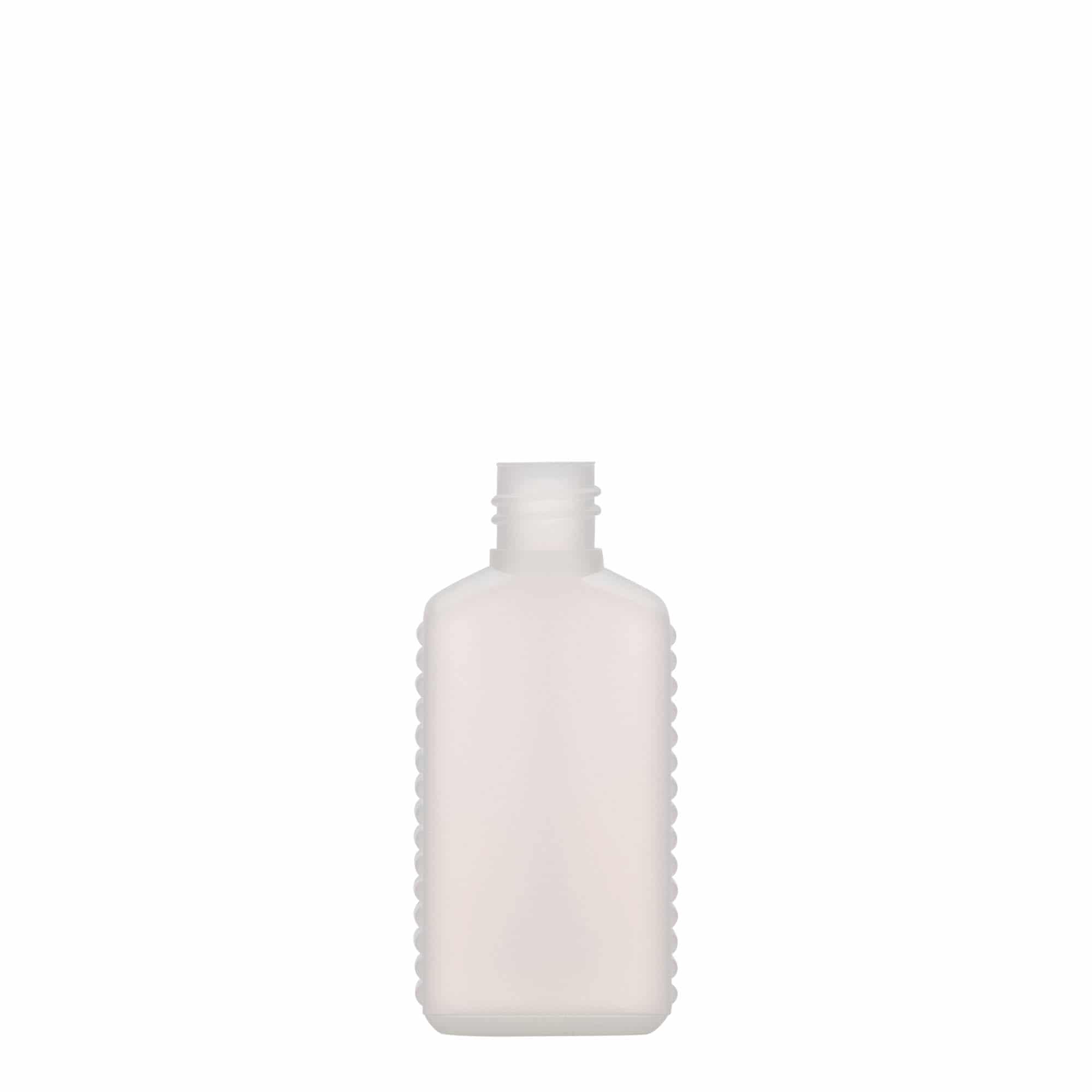 50 ml kanisteripullo kapealla kaulalla, suorakulmainen, HDPE-muovia, luonnonvärinen, suuaukko: DIN 18
