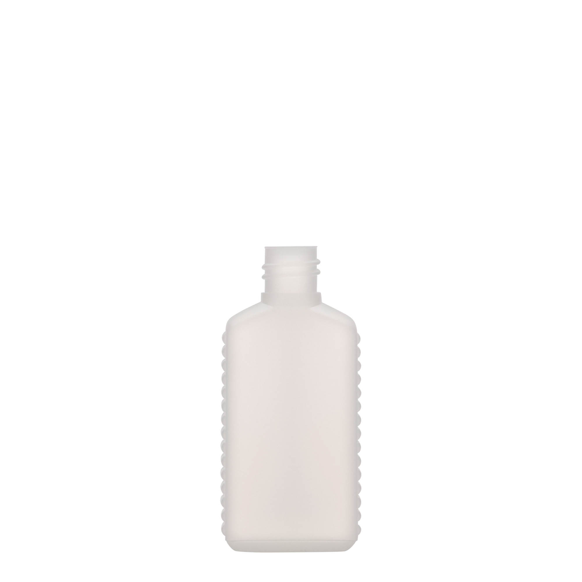 50 ml kanisteripullo kapealla kaulalla, suorakulmainen, HDPE-muovia, luonnonvärinen, suuaukko: DIN 18