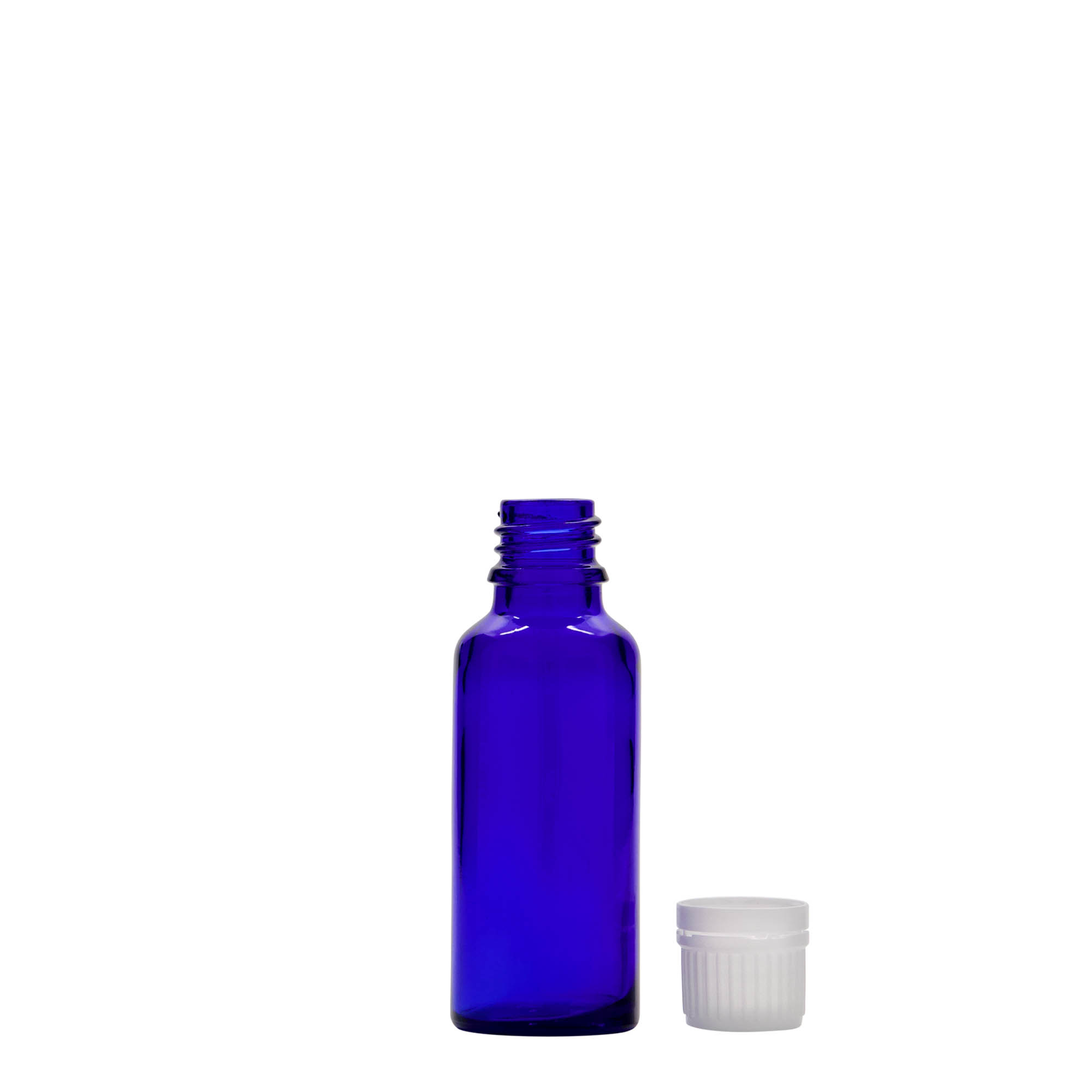 30 ml lääkepullo, lasia, kuninkaansininen, suuaukko: DIN 18 30 ml lääkepullo, lasia, kuninkaansininen, suuaukko: DIN 18