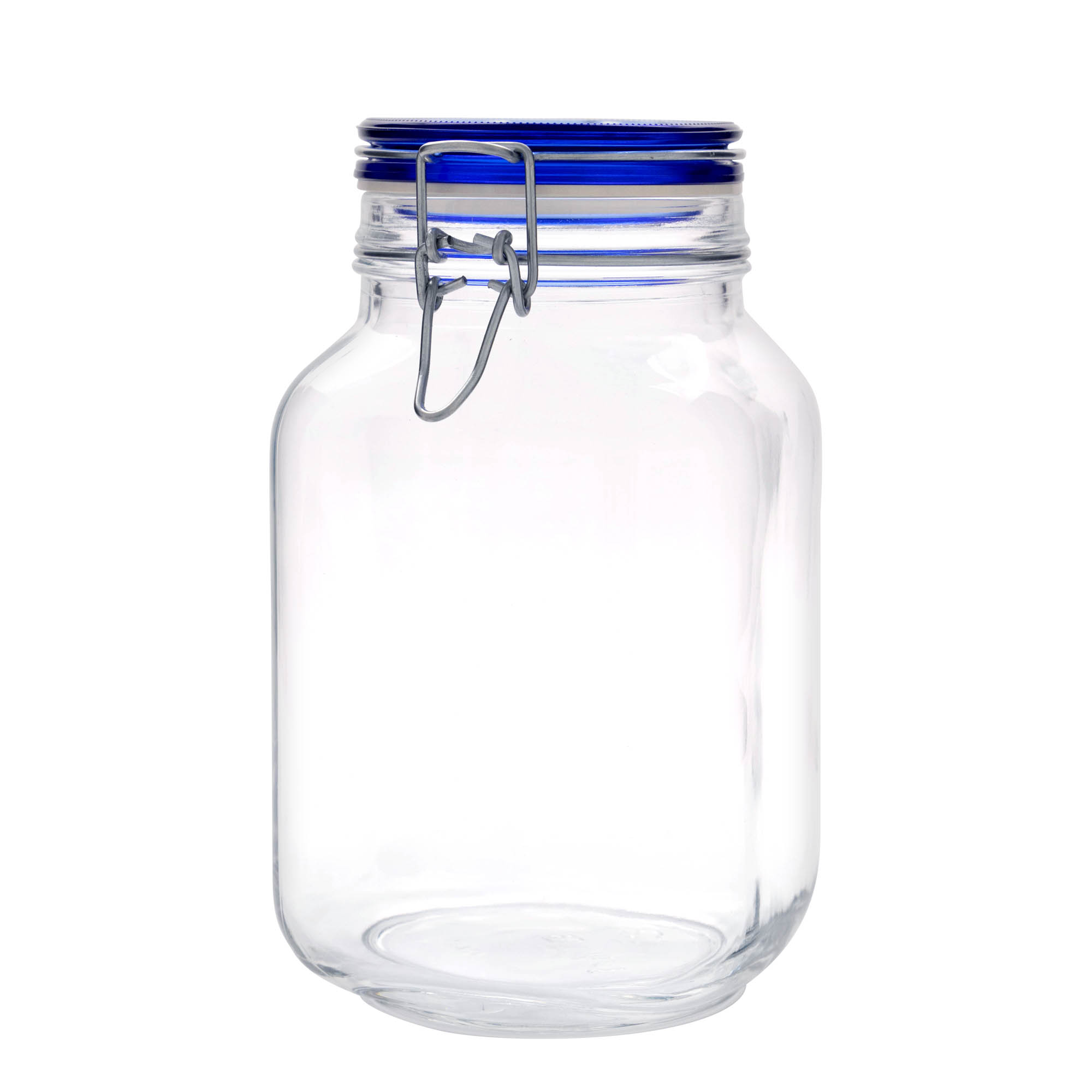 2 000 ml langallinen lasipurkki 'Fido' sinisellä kannella, neliömäinen, suuaukko: langallinen suljin 2 000 ml langallinen lasipurkki 'Fido' sinisellä kannella, neliömäinen, suuaukko: langallinen suljin
